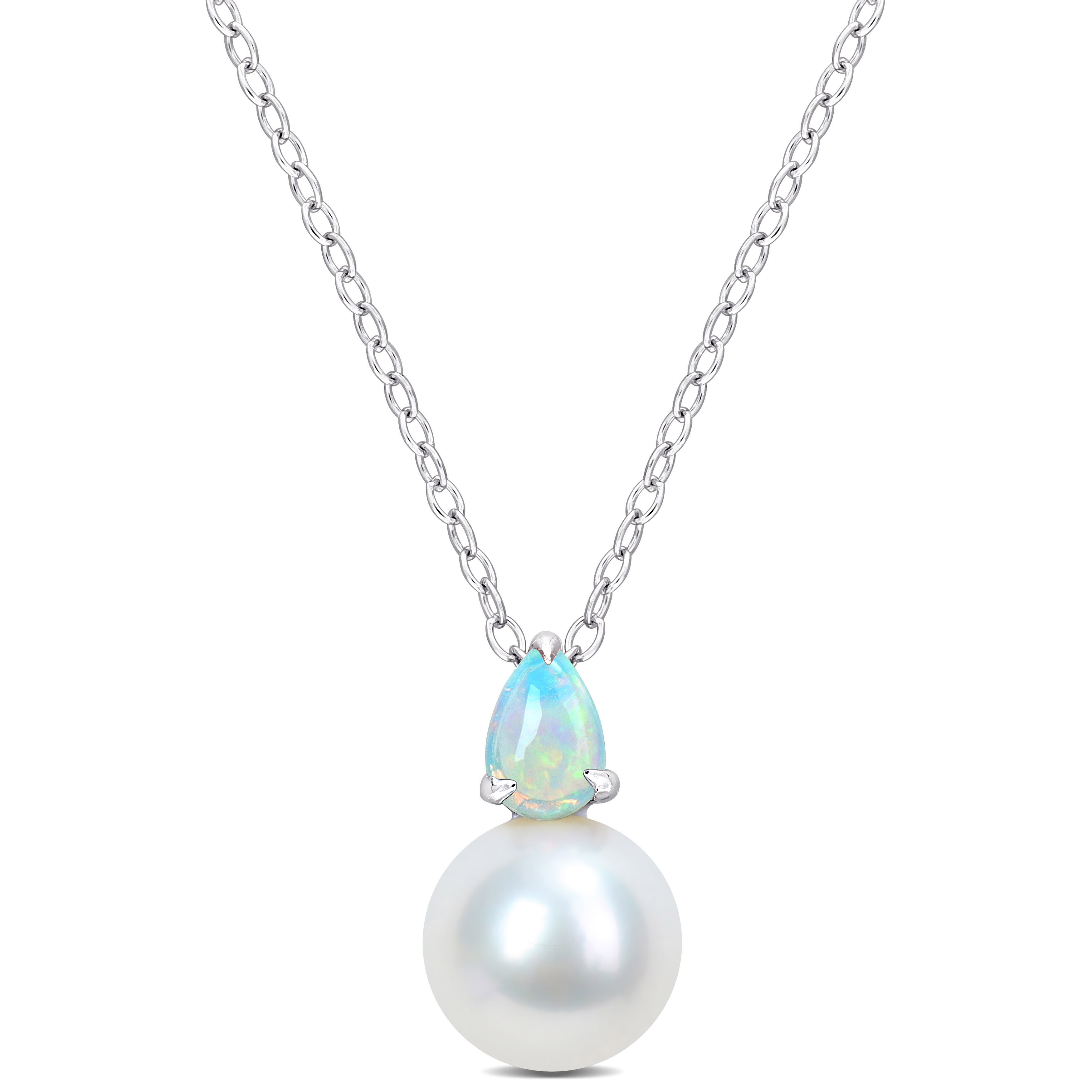 8.5-9mm Cultured Freshwater Pearl and 2/5ct TGW Ethiopian Opal Pendant with Chain Sterling Silver - 18 in