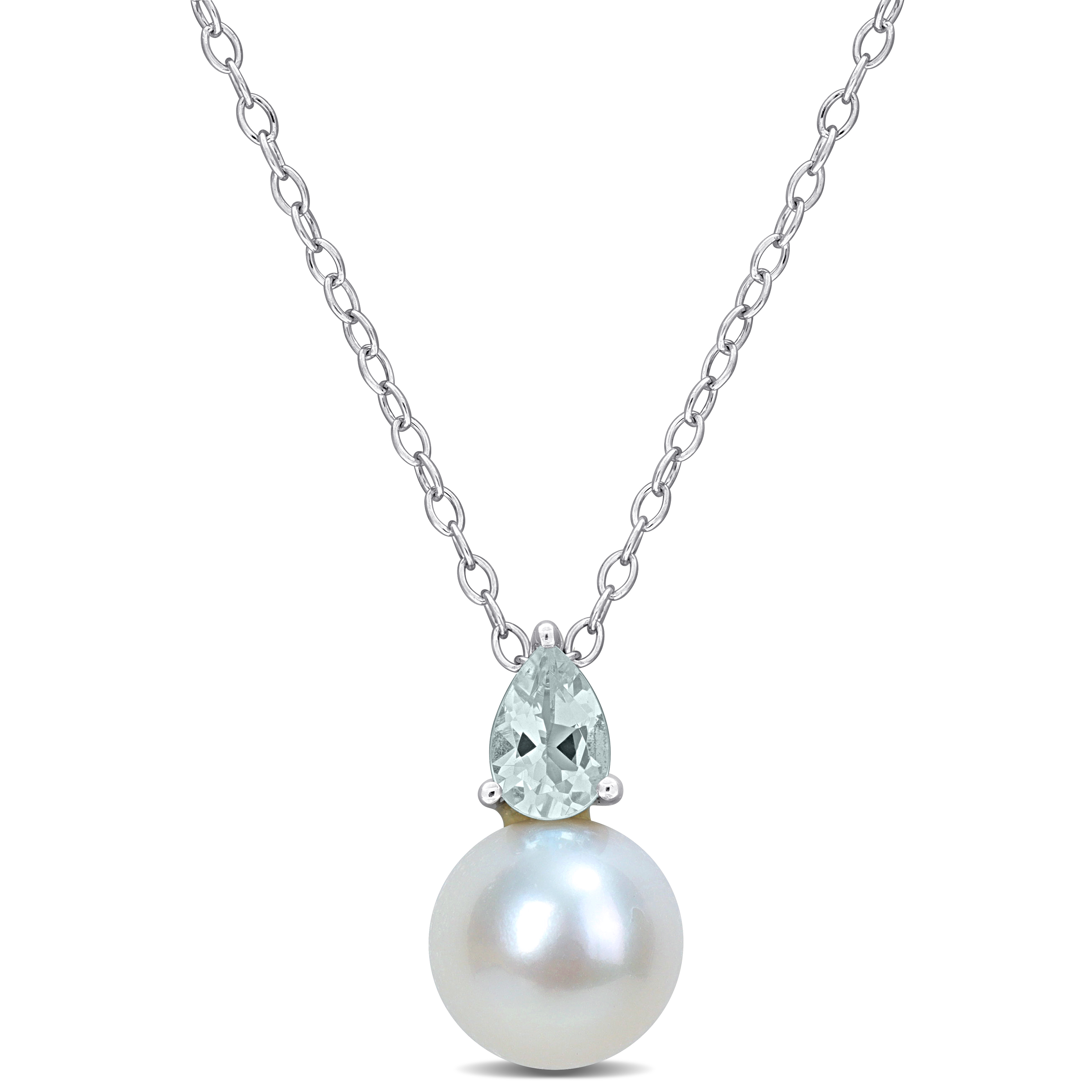 8.5-9mm Cultured Freshwater Pearl and 3/8ct TGW Aquamarine Pendant with Chain Sterling Silver - 18 in