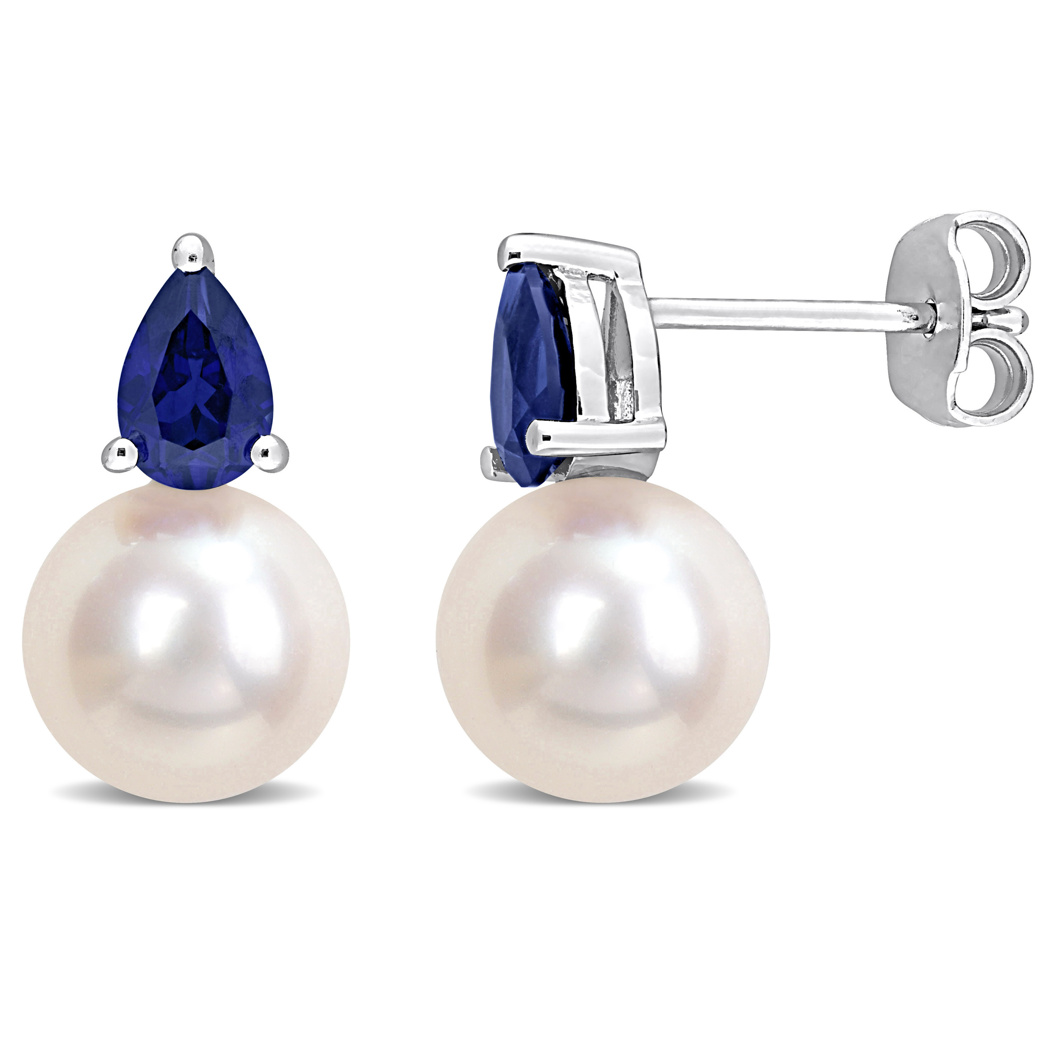 8.5-9 MM White Freshwater Cultured Pearl and 1 1/3 CT TGW Created Blue Sapphire Stud Earrings in Sterling Silver