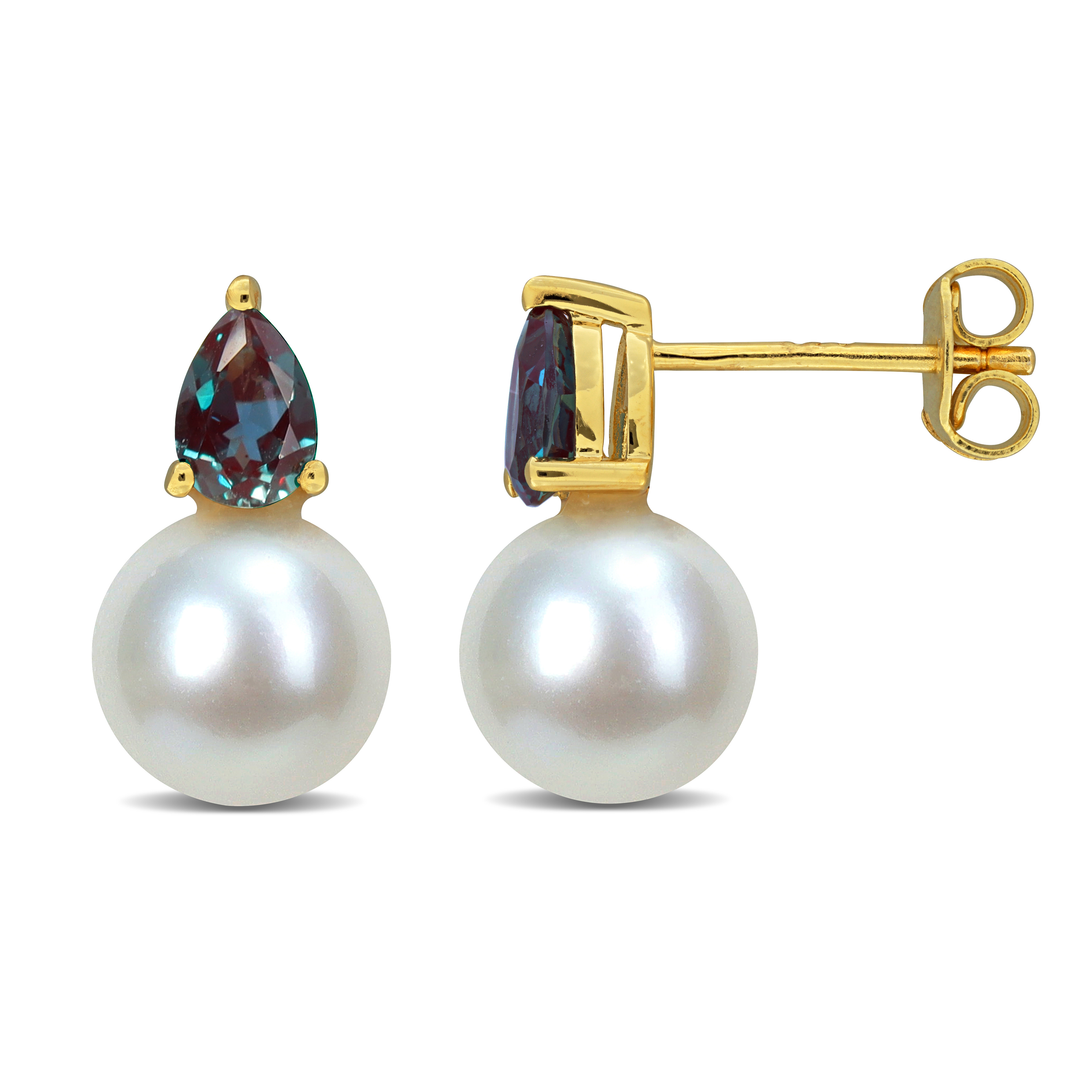 8.5-9mm Cultured Freshwater Pearl and 1 1/5ct TGW Created Alexandrite Earrings Yellow Plated Sterling Silver