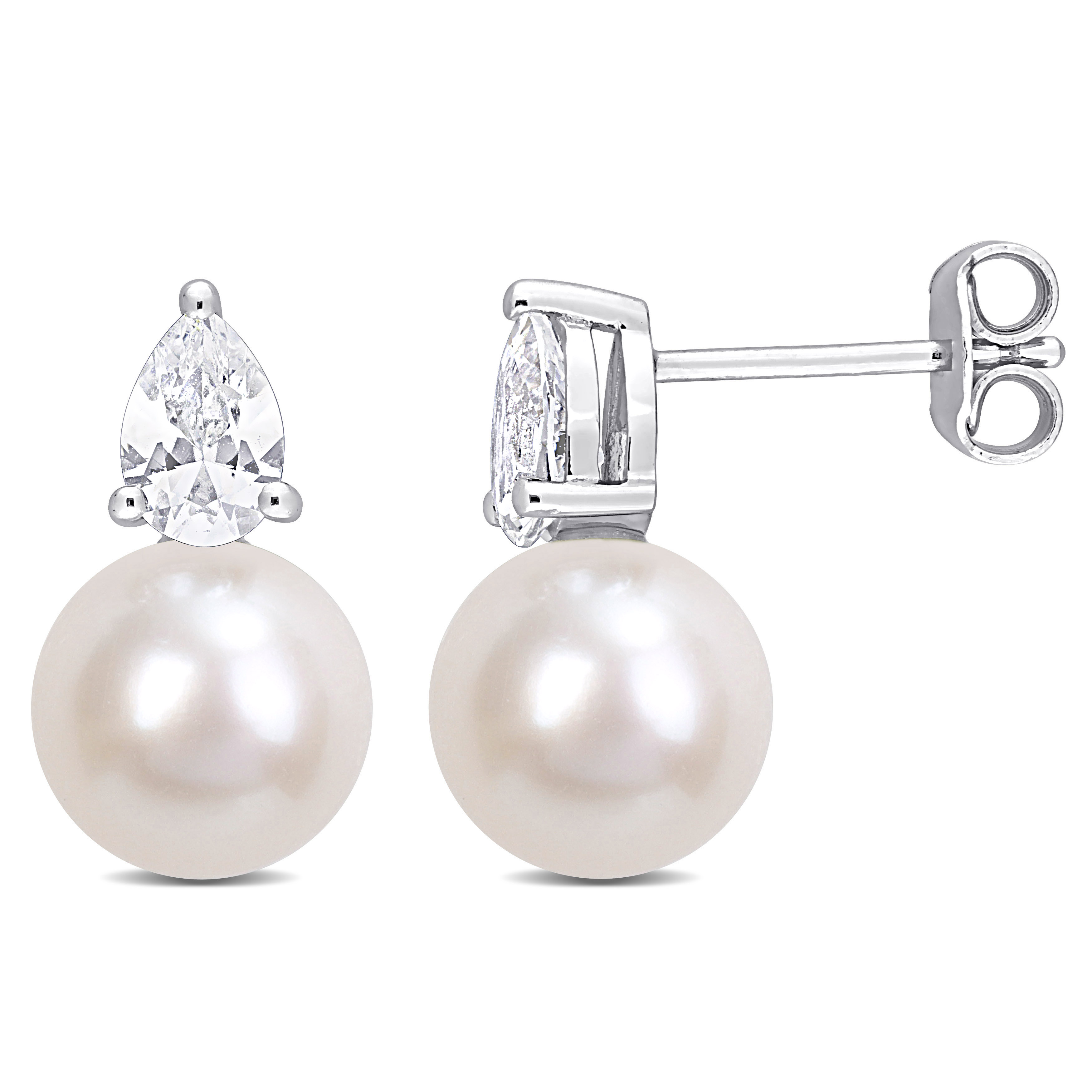 8.5-9 MM White Freshwater Cultured Pearl and 1 1/3 CT TGW Created White Sapphire Stud Earrings in Sterling Silver