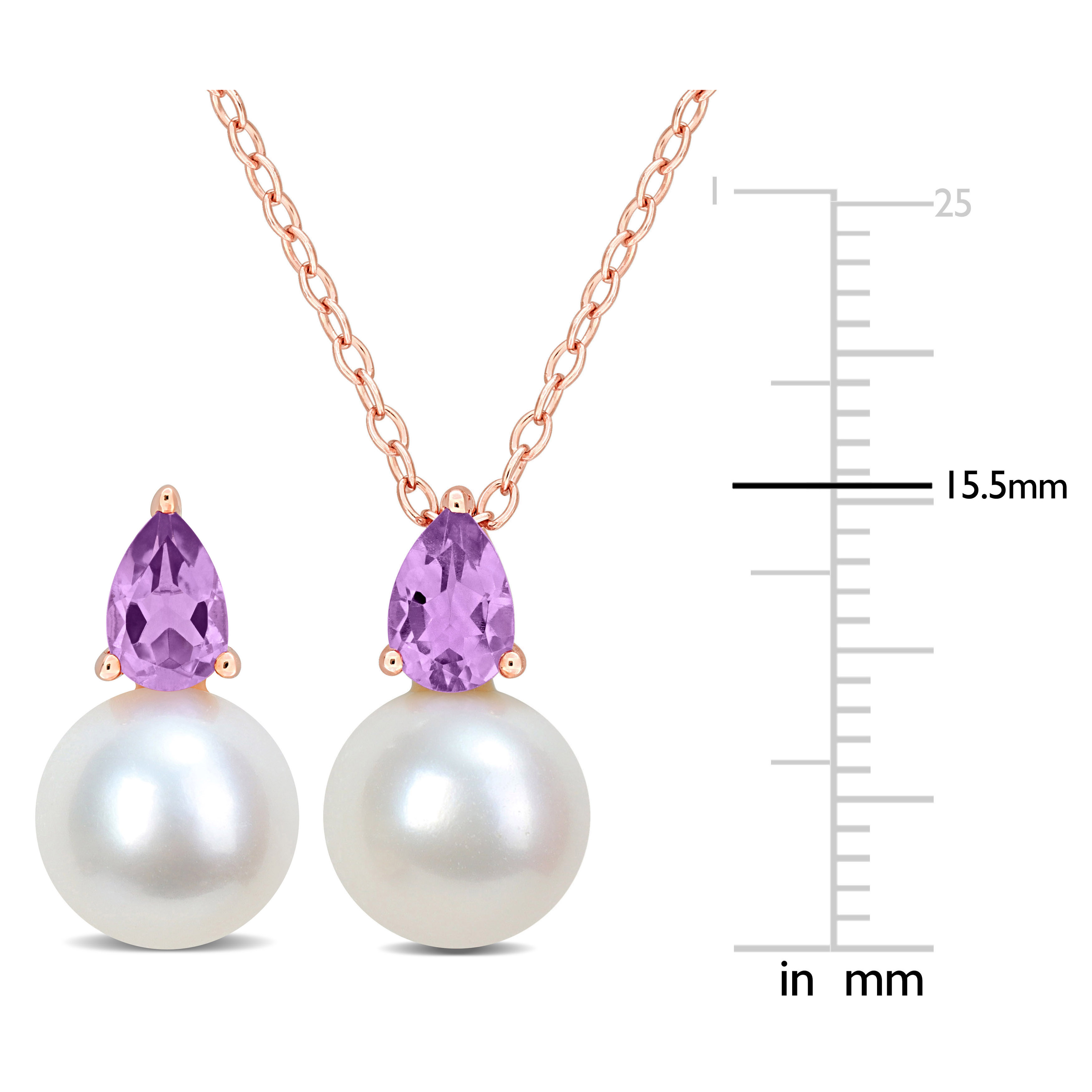 8.5-9mm Cultured Freshwater Pearl and 1ct TGW Amethyst Pendant with Chain and Earrings Set in Rose Plated Sterling Silver - 18 in