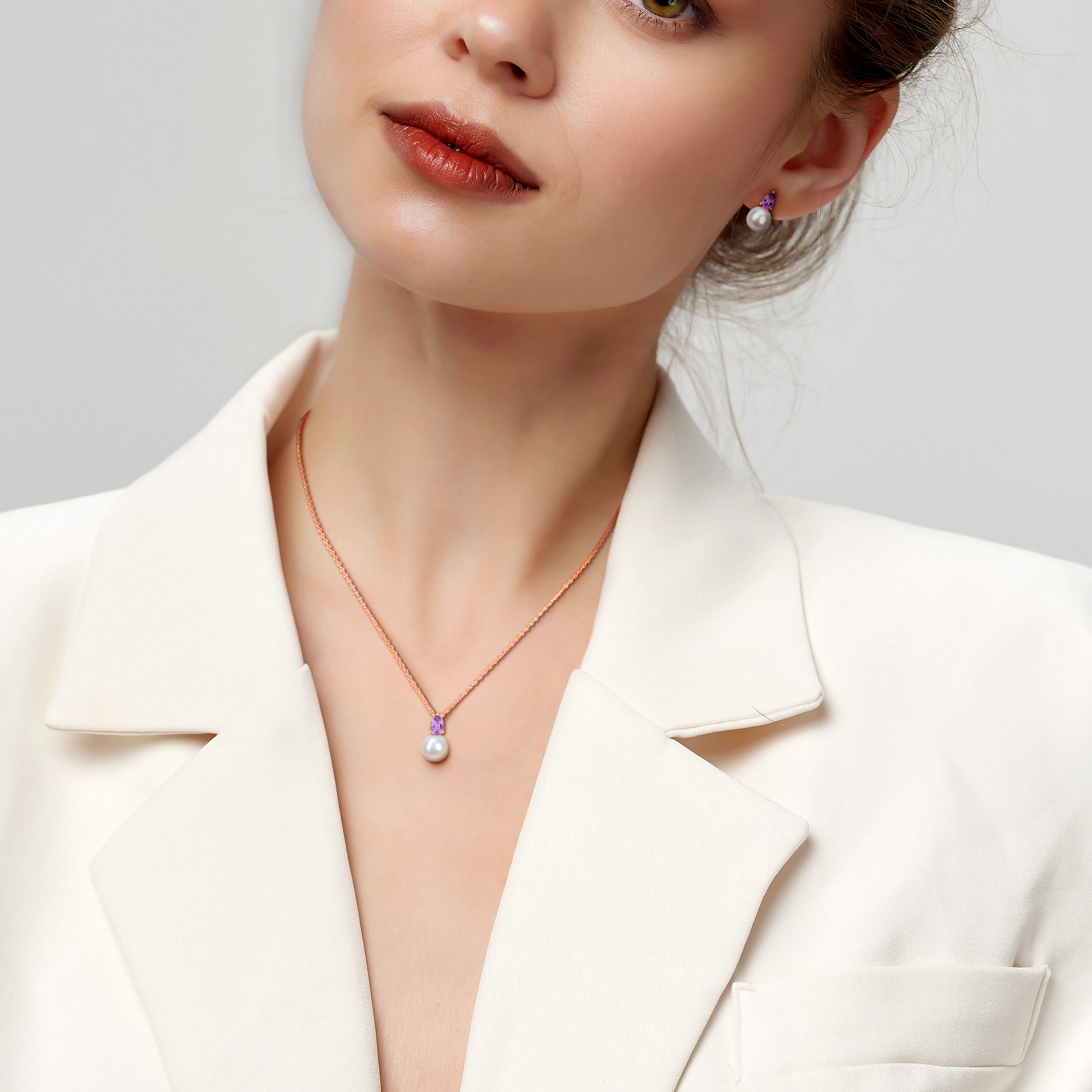 8.5-9mm Cultured Freshwater Pearl and 1ct TGW Amethyst Pendant with Chain and Earrings Set in Rose Plated Sterling Silver - 18 in