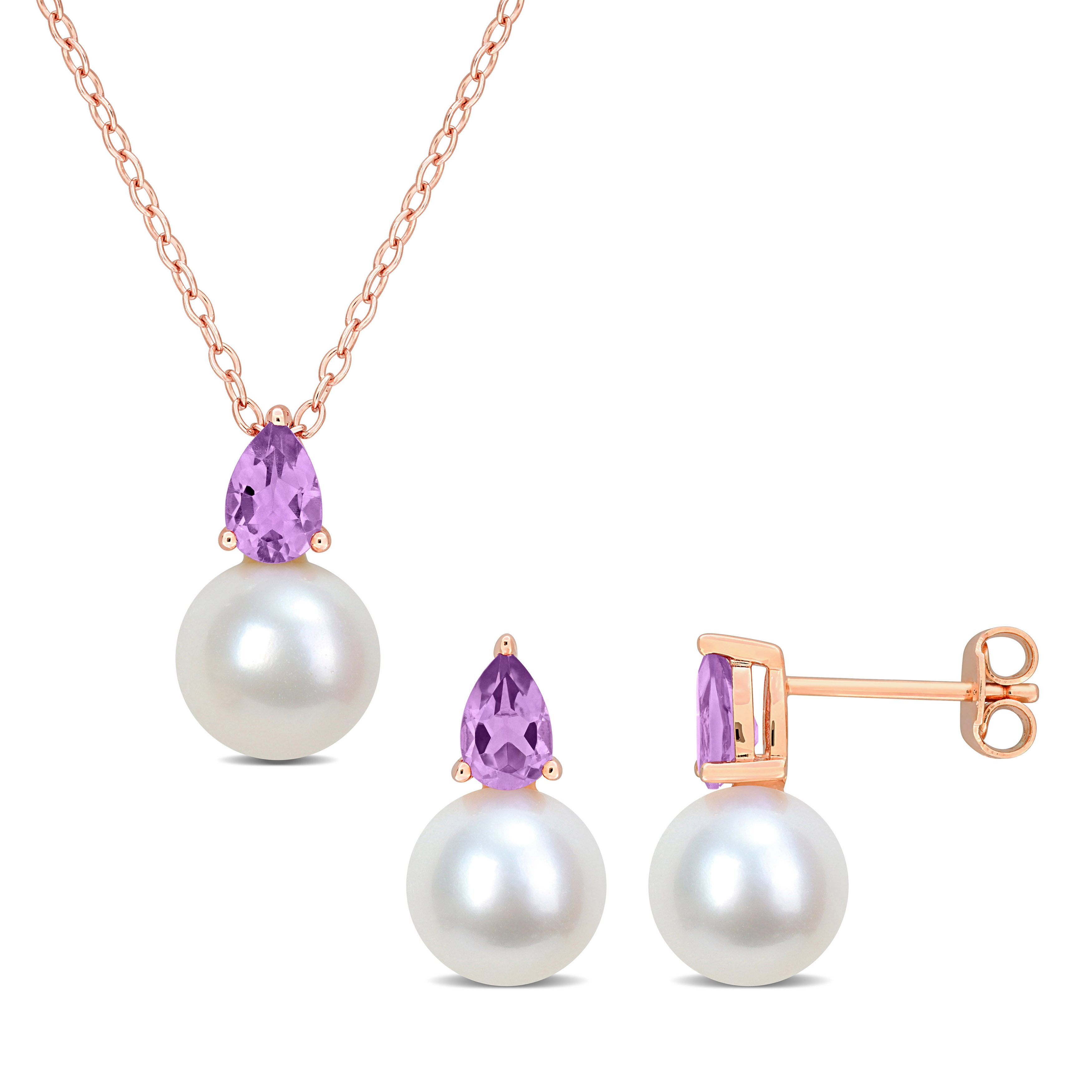 8.5-9mm Cultured Freshwater Pearl and 1ct TGW Amethyst Pendant with Chain and Earrings Set in Rose Plated Sterling Silver - 18 in