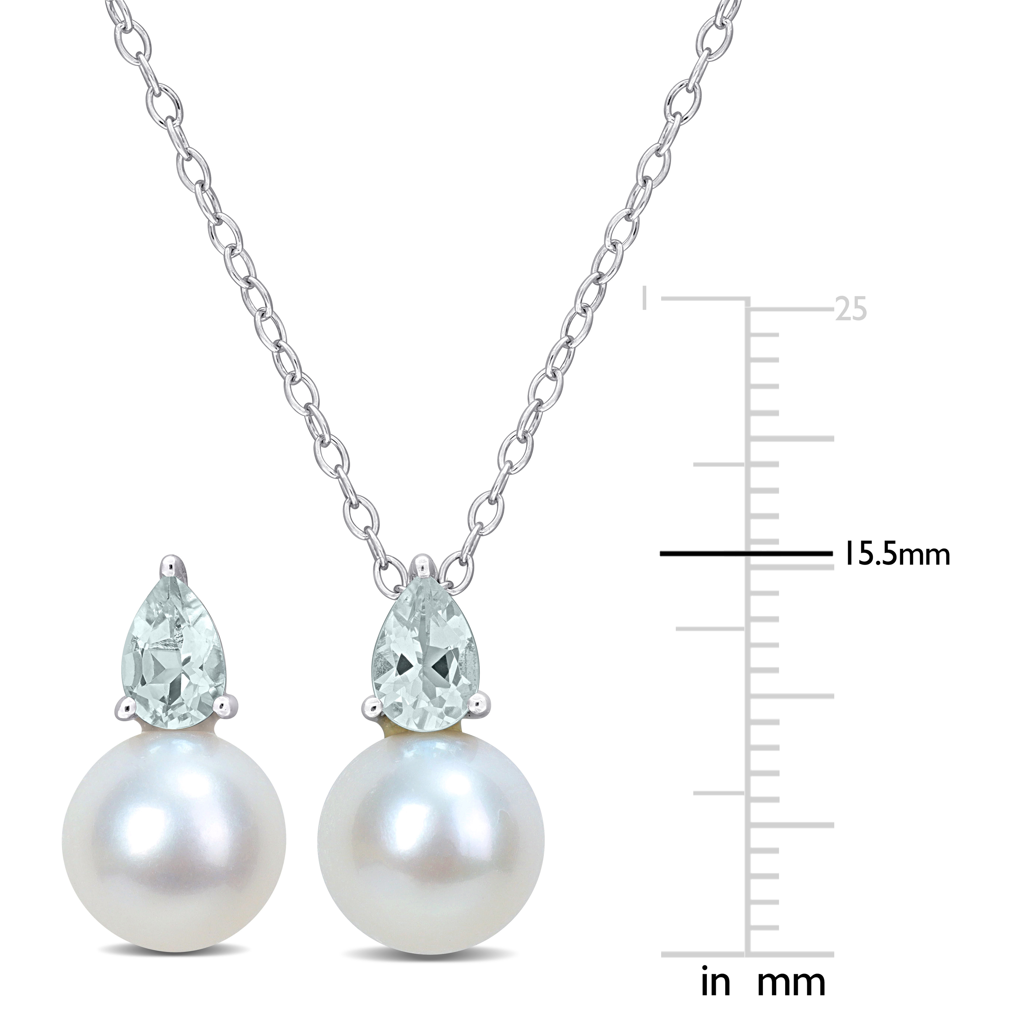 8.5-9mm Cultured Freshwater Pearl and 1 1/5ct TGW Aquamarine Pendant with Chain and Earrings Set in Sterling Silver - 18 in