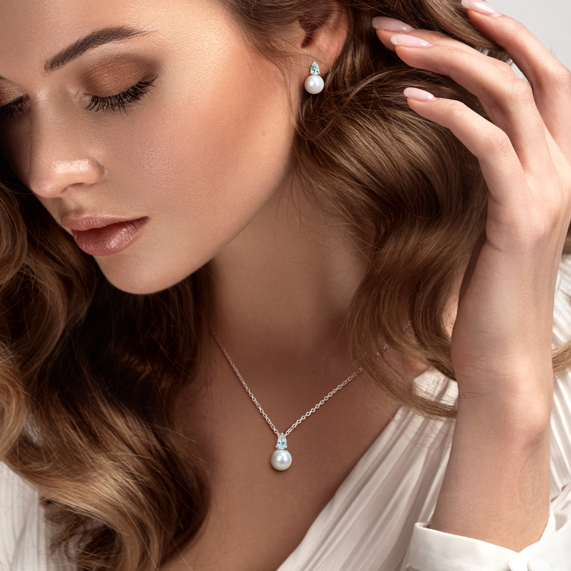 8.5-9mm Cultured Freshwater Pearl and 1 1/5ct TGW Aquamarine Pendant with Chain and Earrings Set in Sterling Silver - 18 in