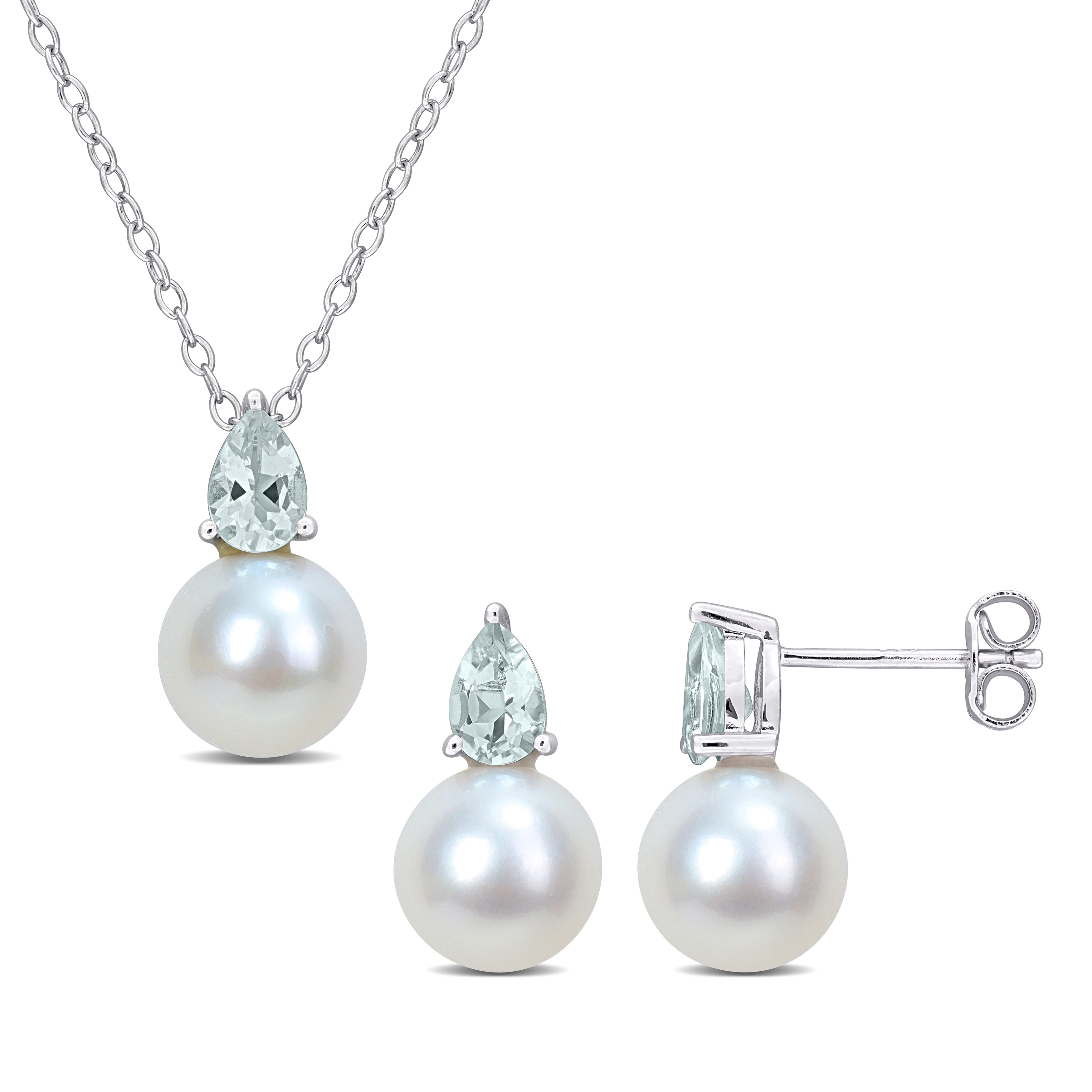 8.5-9mm Cultured Freshwater Pearl and 1 1/5ct TGW Aquamarine Pendant with Chain and Earrings Set in Sterling Silver - 18 in