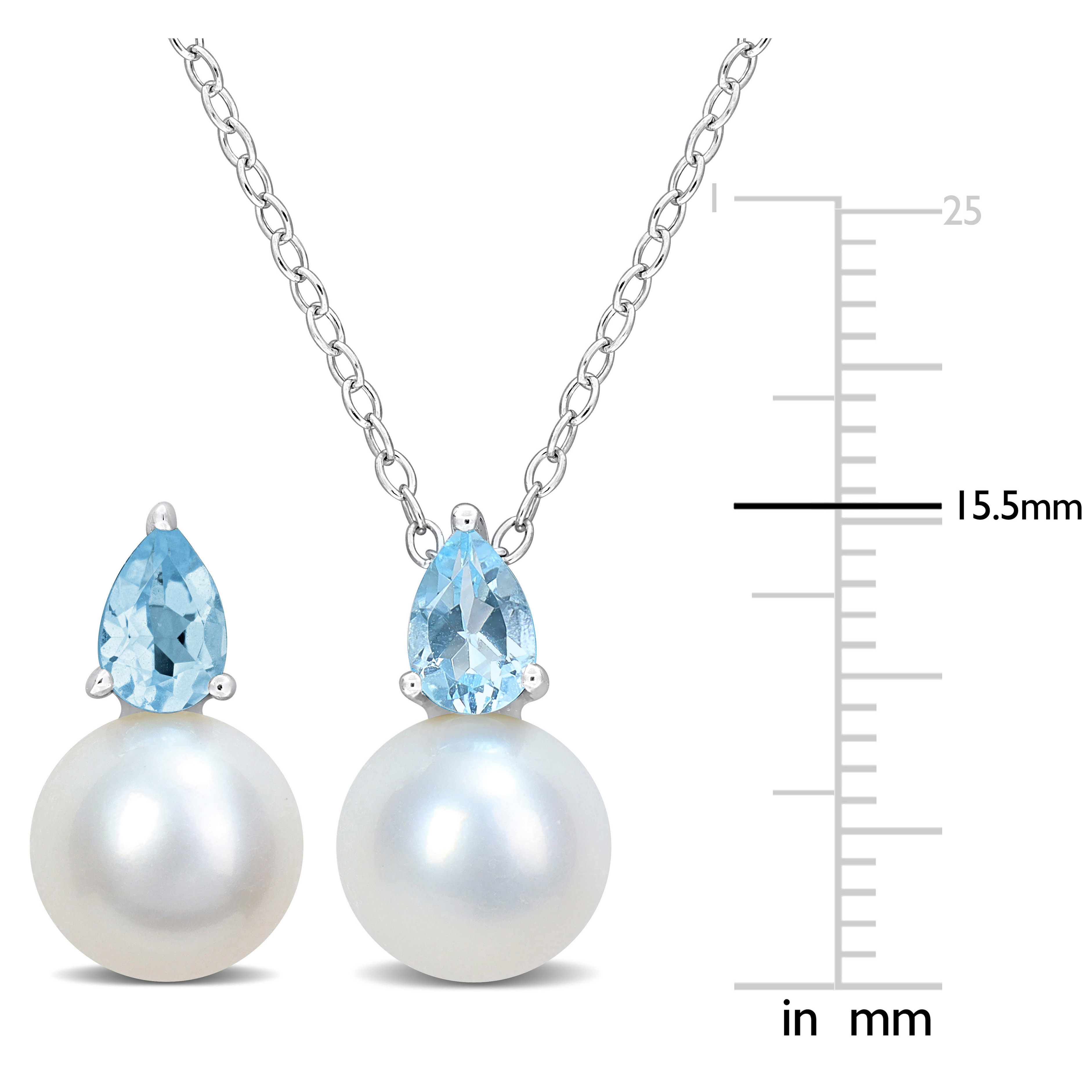 8.5-9mm Cultured Freshwater Pearl and 1 2/5ct TGW Sky Blue Topaz Pendant with Chain and Earrings Set in Sterling Silver - 18 in