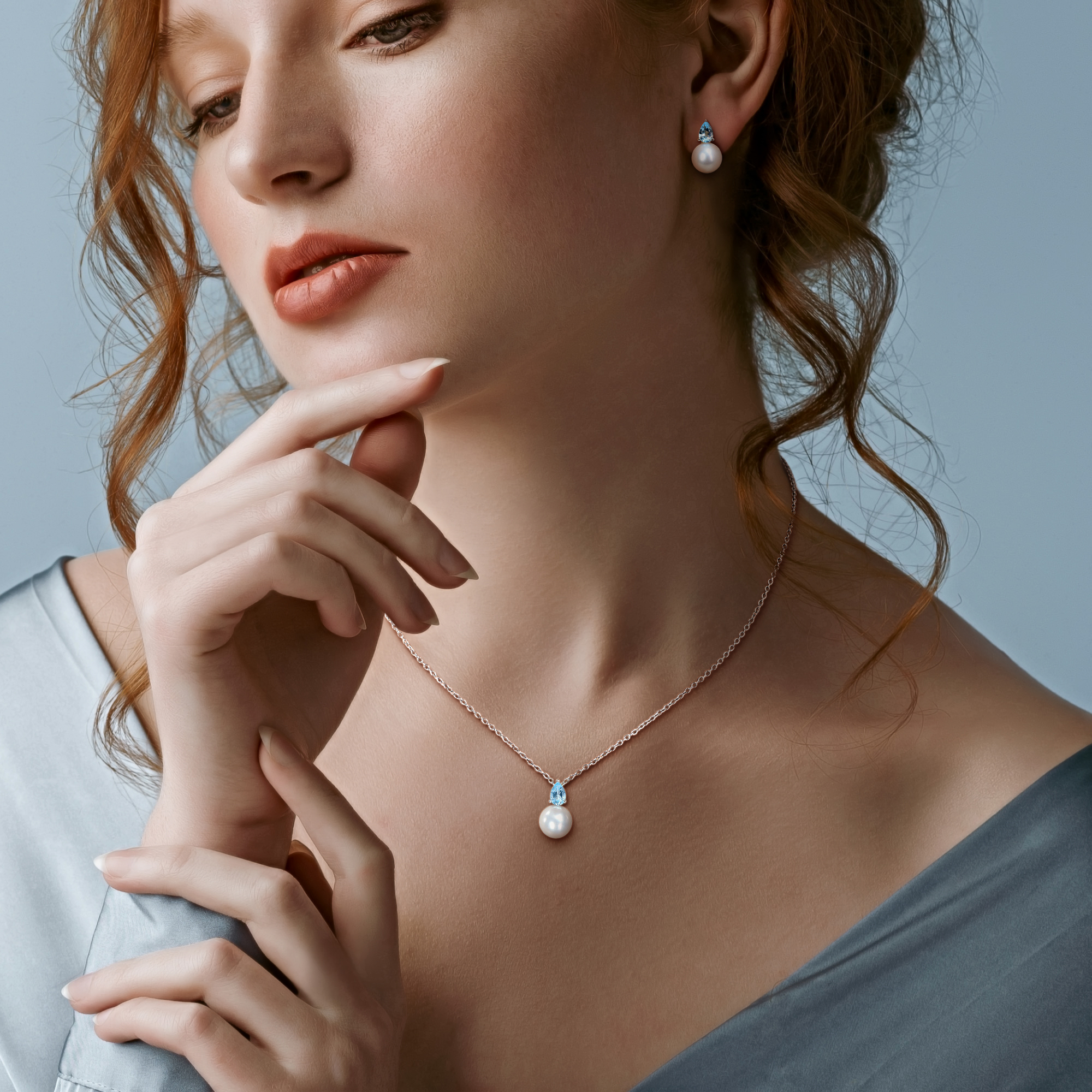 8.5-9mm Cultured Freshwater Pearl and 1 2/5ct TGW Sky Blue Topaz Pendant with Chain and Earrings Set in Sterling Silver - 18 in