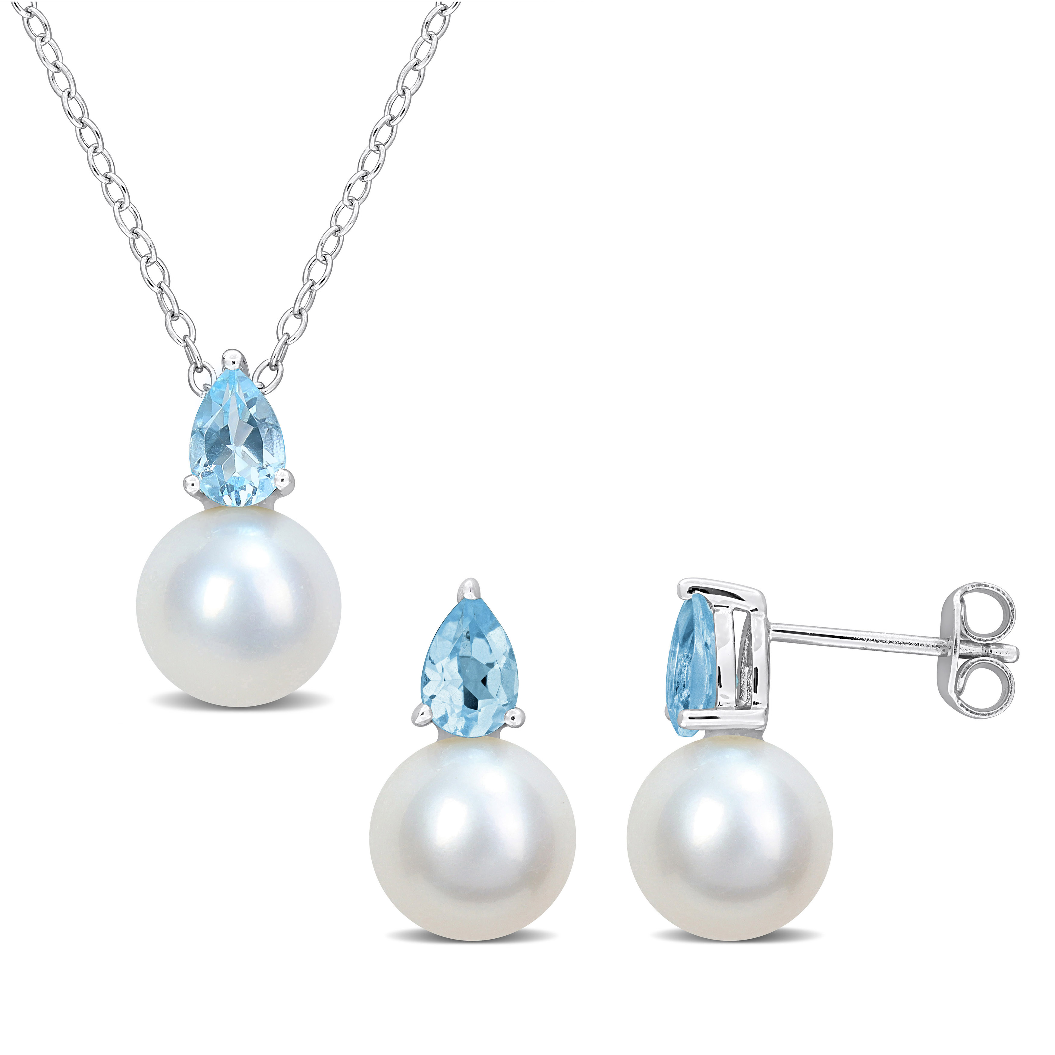 8.5-9mm Cultured Freshwater Pearl and 1 2/5ct TGW Sky Blue Topaz Pendant with Chain and Earrings Set in Sterling Silver - 18 in