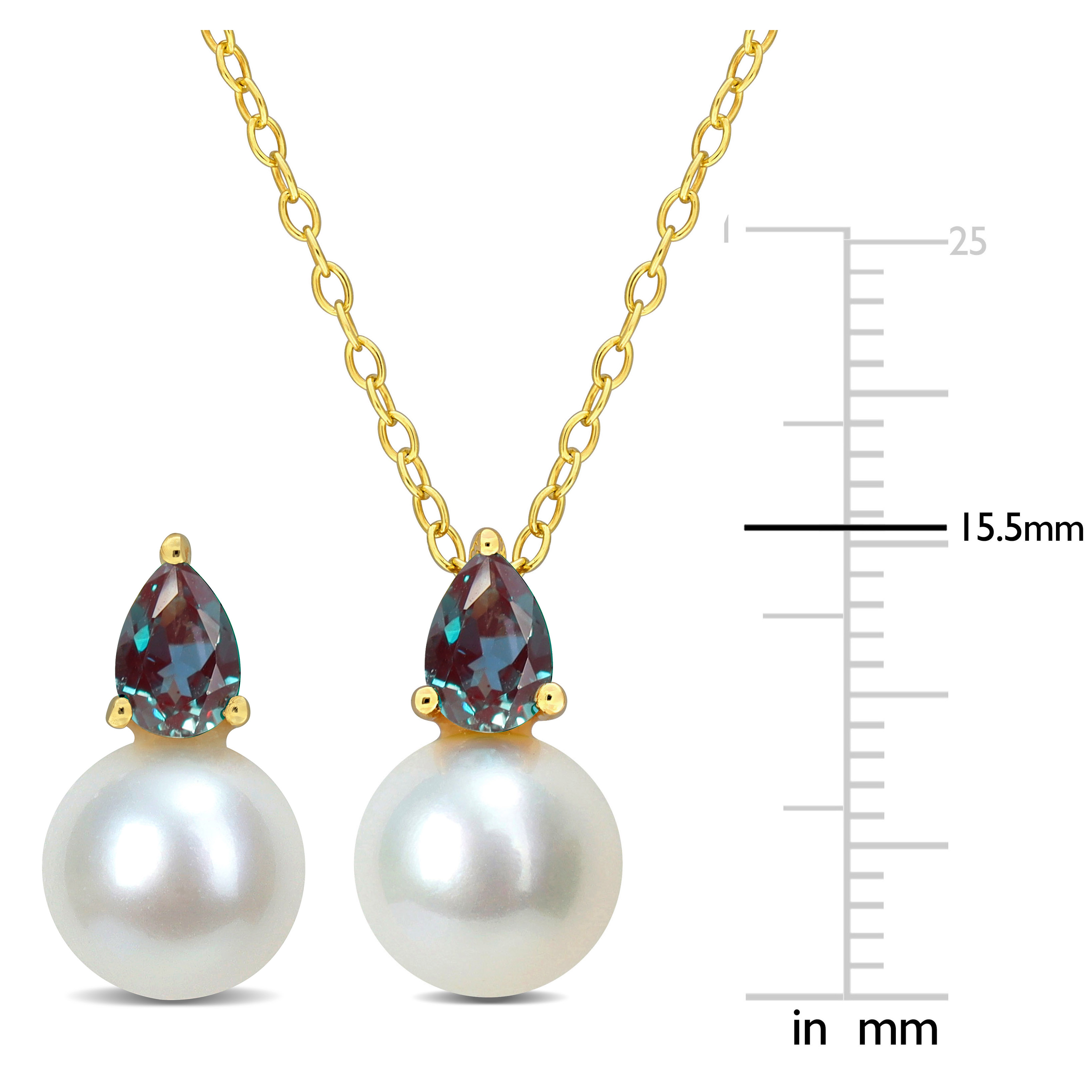 8.5-9mm Cultured Freshwater Pearl and 1 4/5ct TGW Created Alexandrite Pendant with Chain and Earrings Set in Yellow Plated Sterling Silver - 18 in