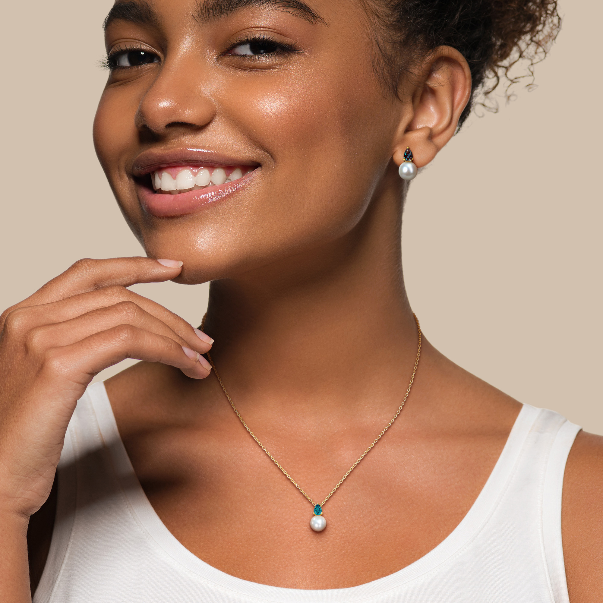 8.5-9mm Cultured Freshwater Pearl and 1 4/5ct TGW Created Alexandrite Pendant with Chain and Earrings Set in Yellow Plated Sterling Silver - 18 in