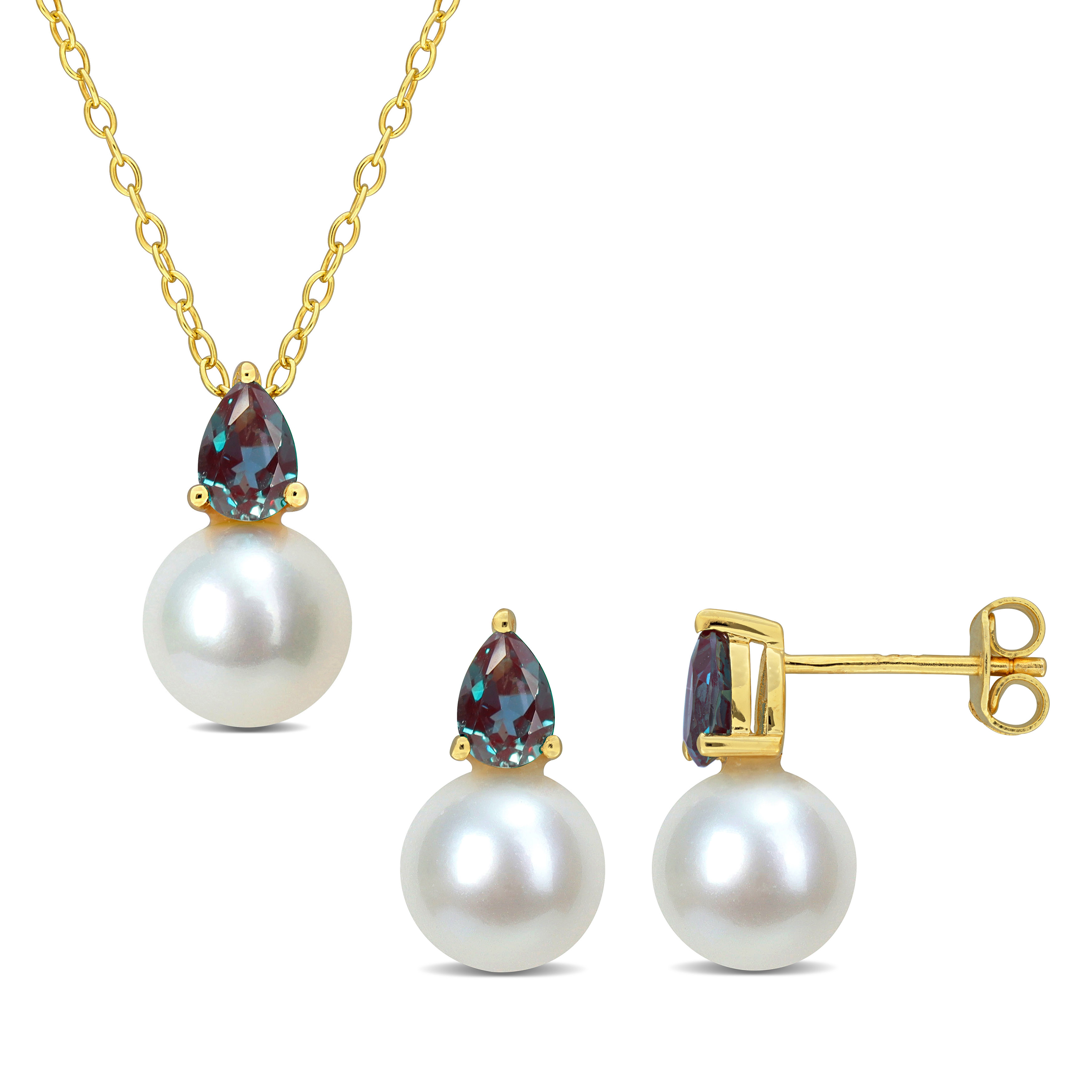 8.5-9mm Cultured Freshwater Pearl and 1 4/5ct TGW Created Alexandrite Pendant with Chain and Earrings Set in Yellow Plated Sterling Silver - 18 in