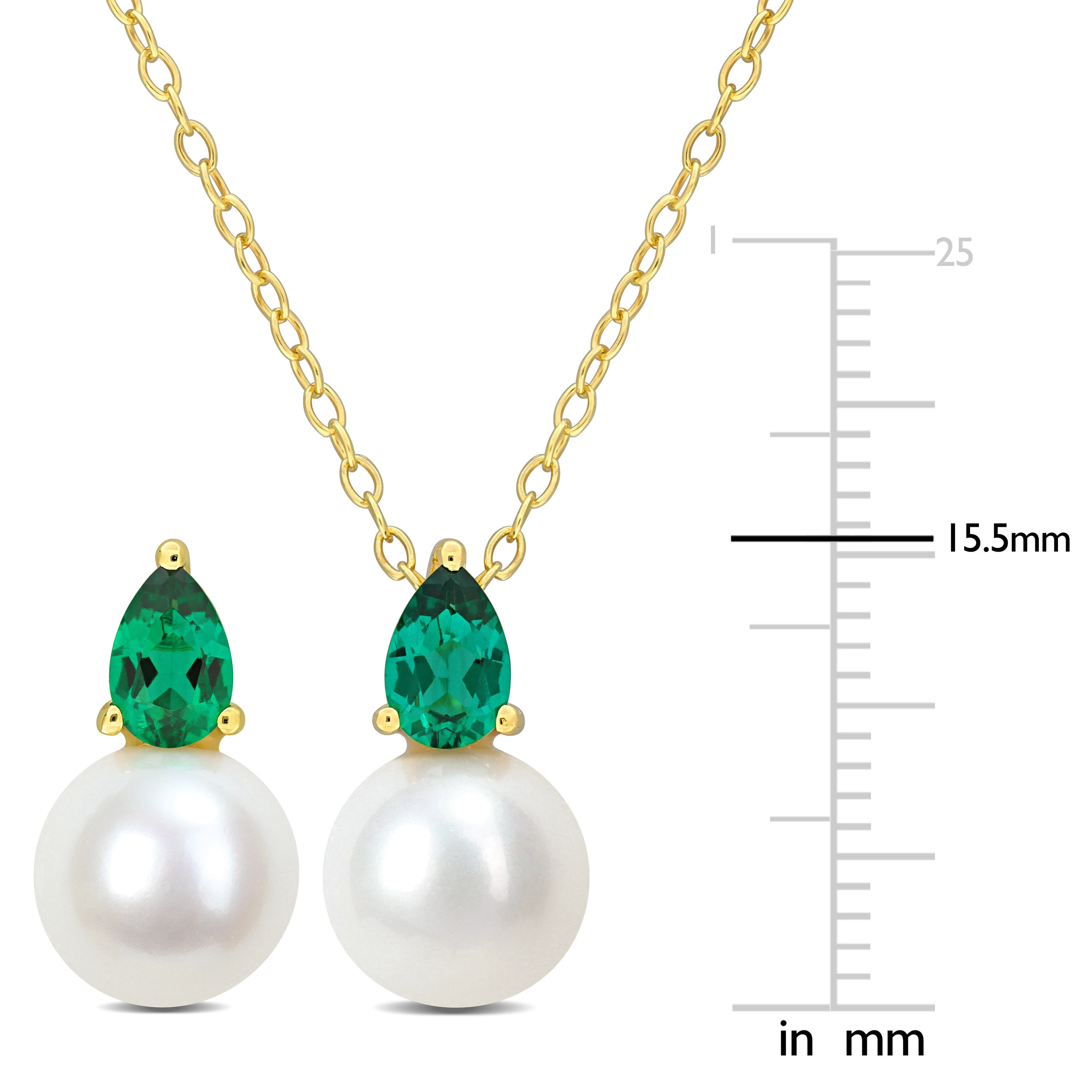 8.5-9mm Cultured Freshwater Pearl and 1 1/5ct TGW Created Emerald Pendant with Chain and Earrings Set in Yellow Plated Sterling Silver - 18 in