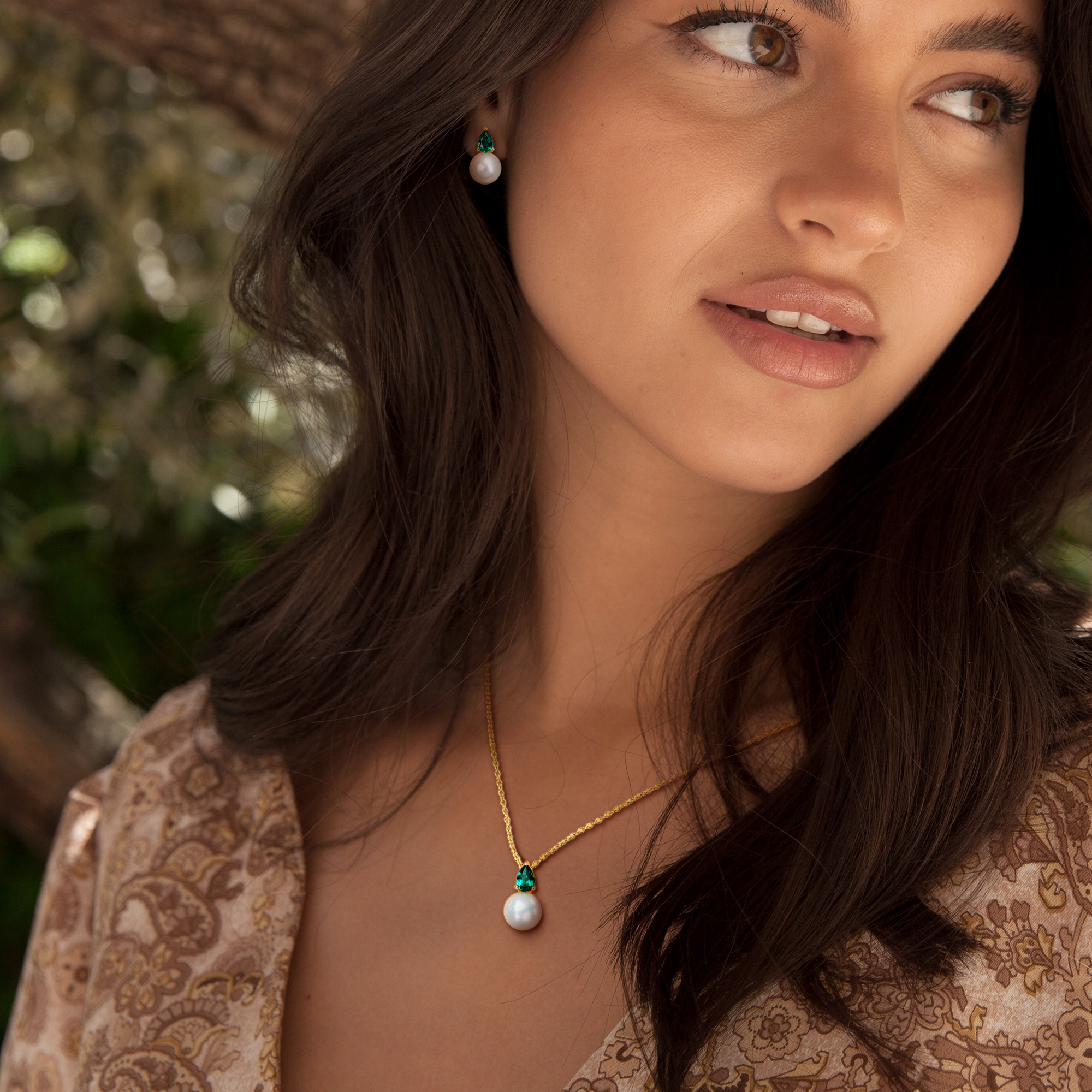 8.5-9mm Cultured Freshwater Pearl and 1 1/5ct TGW Created Emerald Pendant with Chain and Earrings Set in Yellow Plated Sterling Silver - 18 in