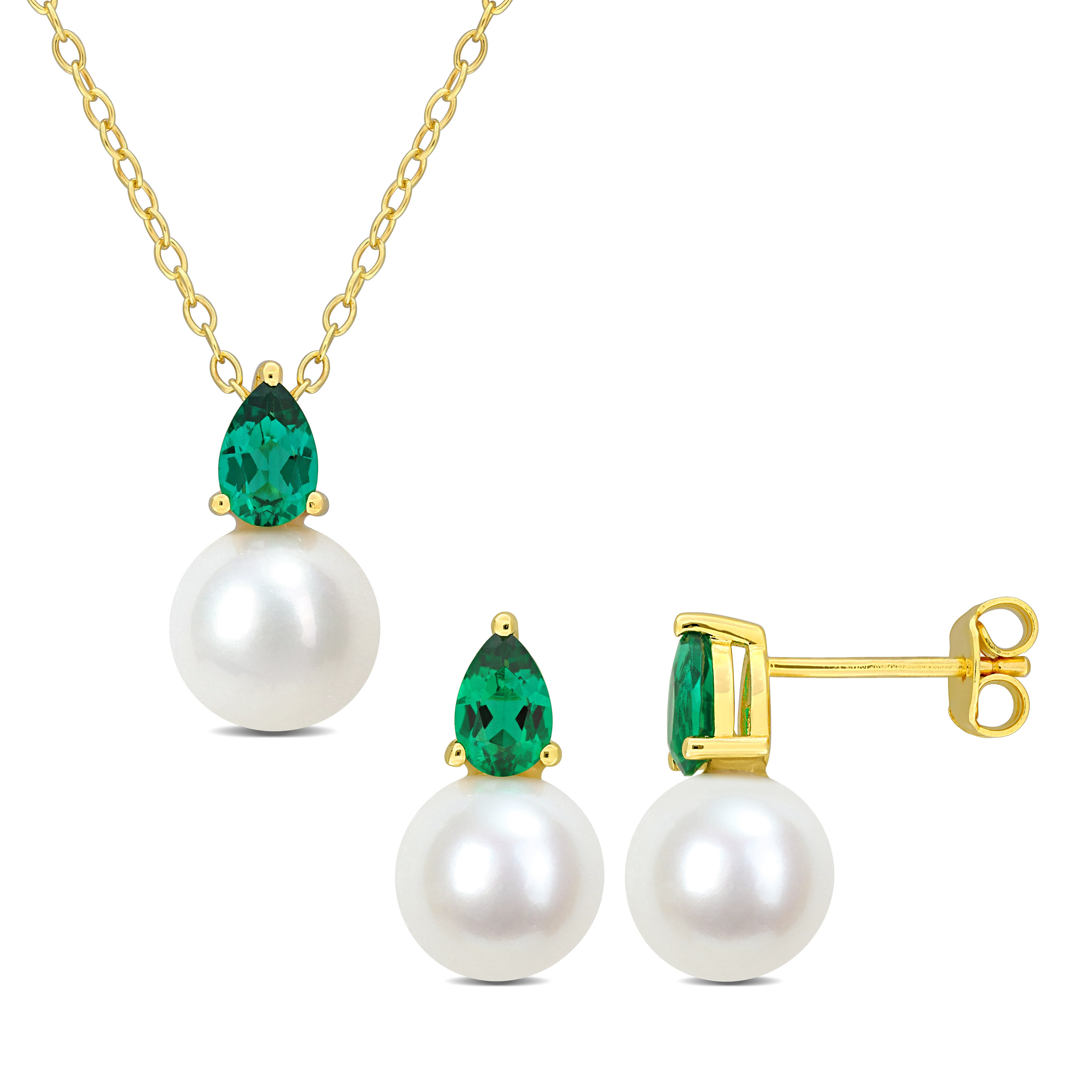 8.5-9mm Cultured Freshwater Pearl and 1 1/5ct TGW Created Emerald Pendant with Chain and Earrings Set in Yellow Plated Sterling Silver - 18 in