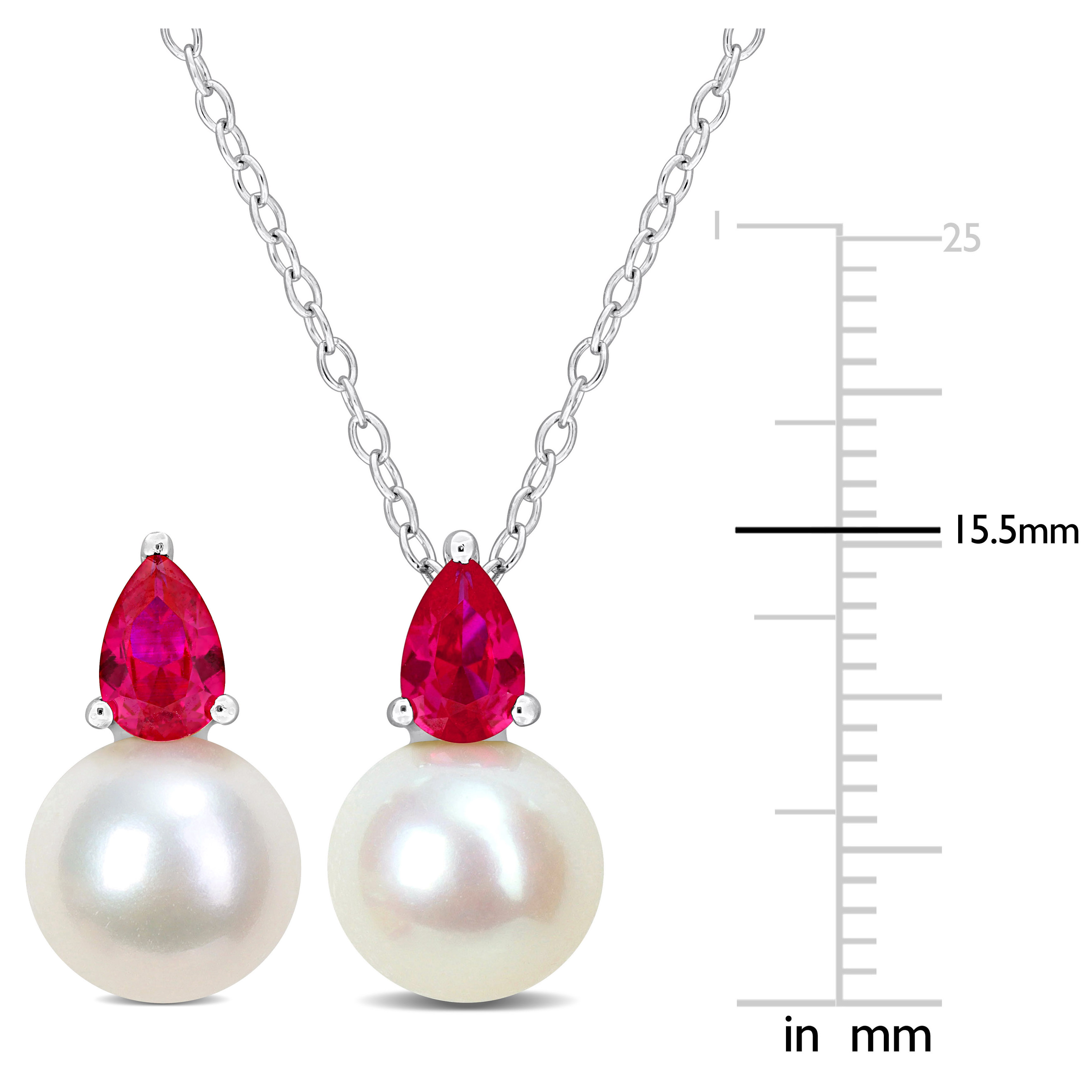 8.5-9mm Cultured Freshwater Pearl and 2ct TGW Created Ruby Pendant with Chain and Earrings Set in Sterling Silver - 18 in
