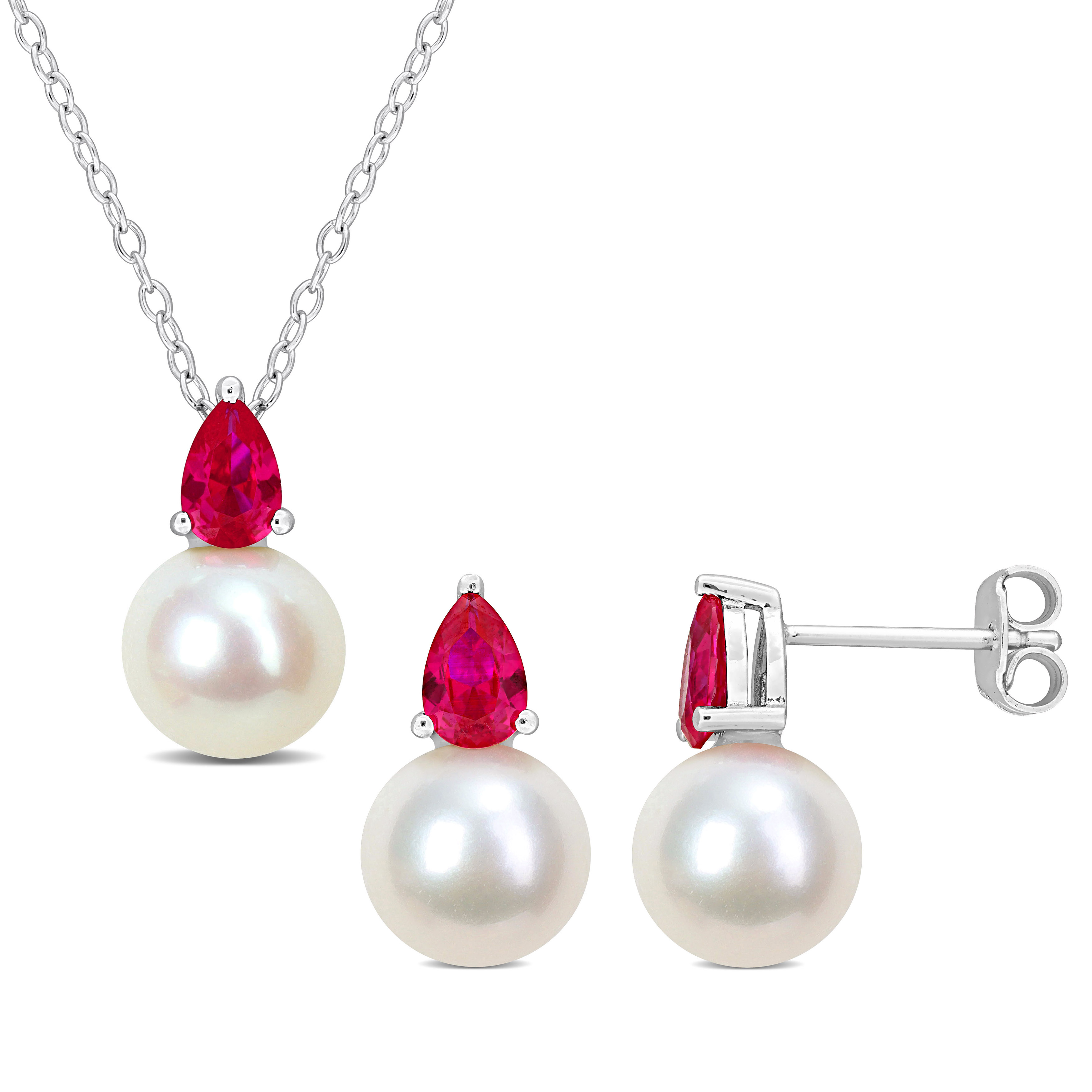 8.5-9mm Cultured Freshwater Pearl and 2ct TGW Created Ruby Pendant with Chain and Earrings Set in Sterling Silver - 18 in