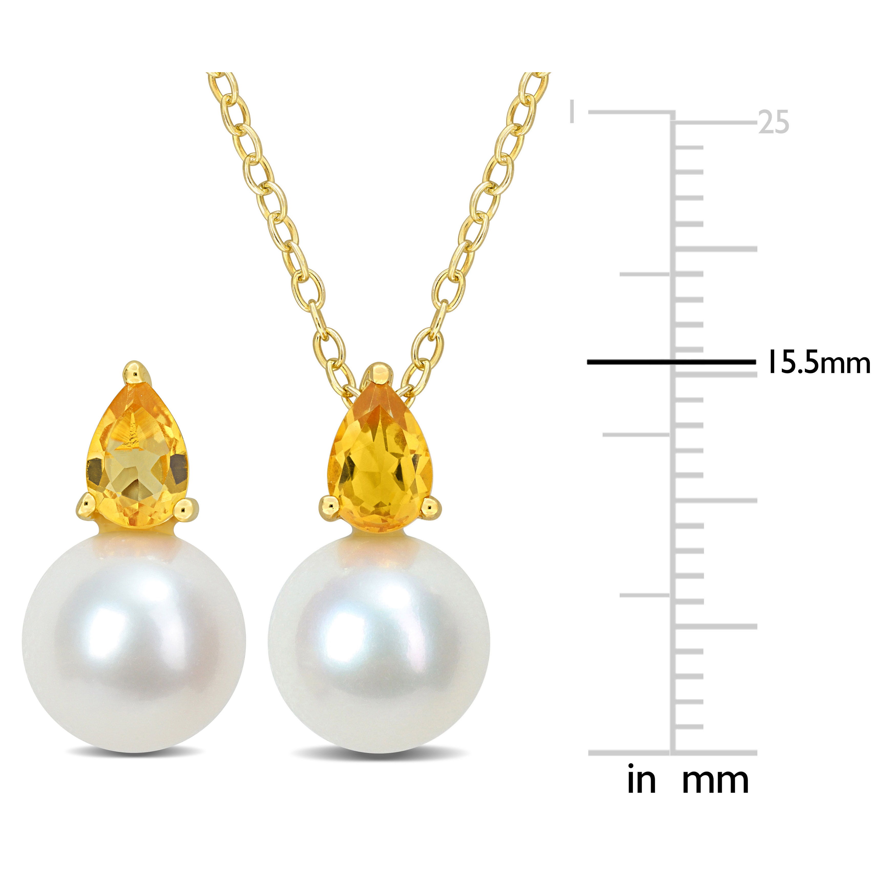 8.5-9mm Cultured Freshwater Pearl and 1 1/6ct TGW Citrine Pendant with Chain and Earrings Set in Yellow Plated Sterling Silver - 18 in