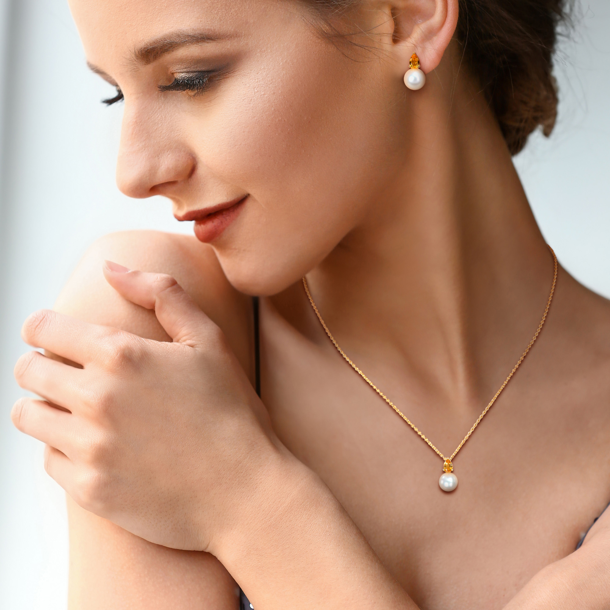 8.5-9mm Cultured Freshwater Pearl and 1 1/6ct TGW Citrine Pendant with Chain and Earrings Set in Yellow Plated Sterling Silver - 18 in