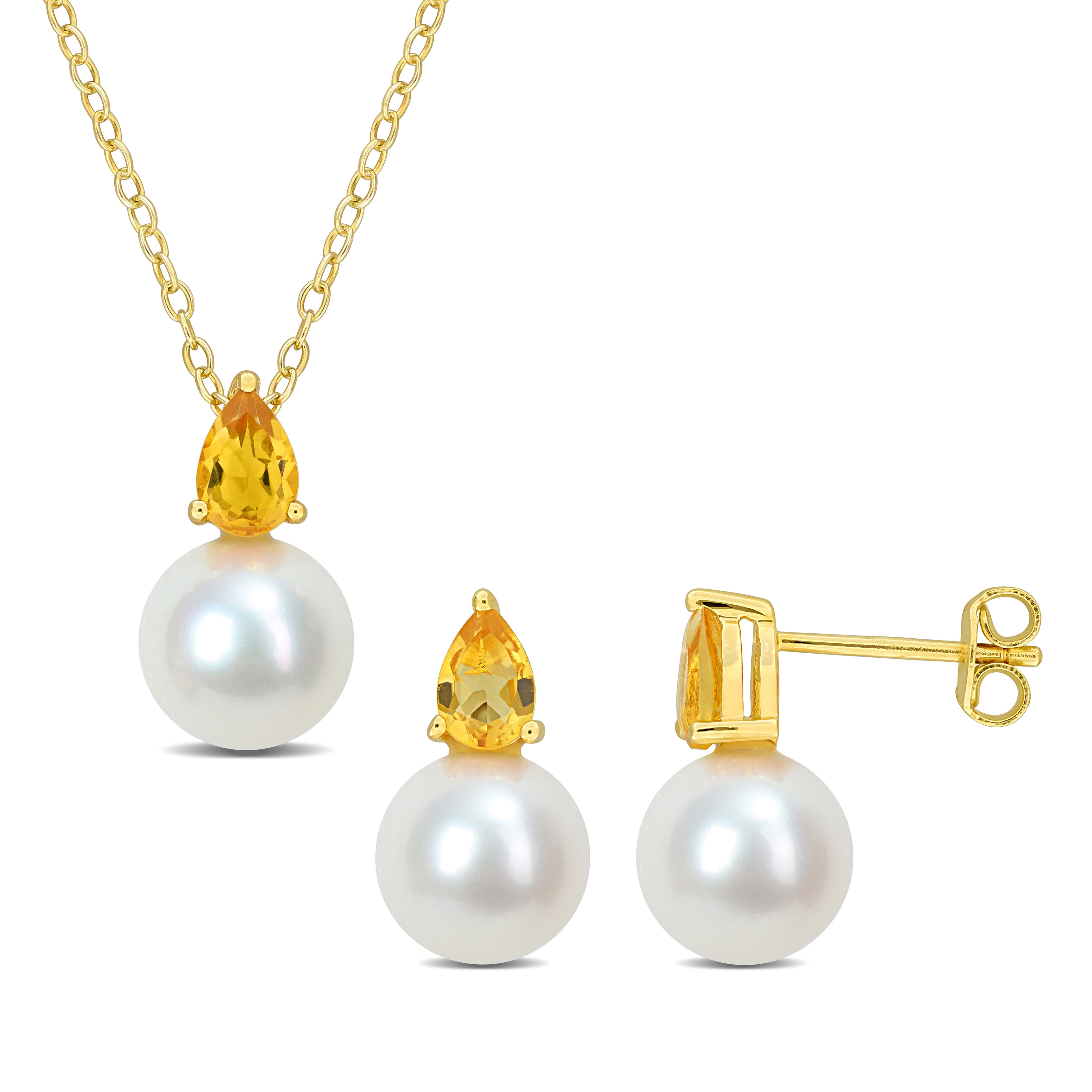8.5-9mm Cultured Freshwater Pearl and 1 1/6ct TGW Citrine Pendant with Chain and Earrings Set in Yellow Plated Sterling Silver - 18 in