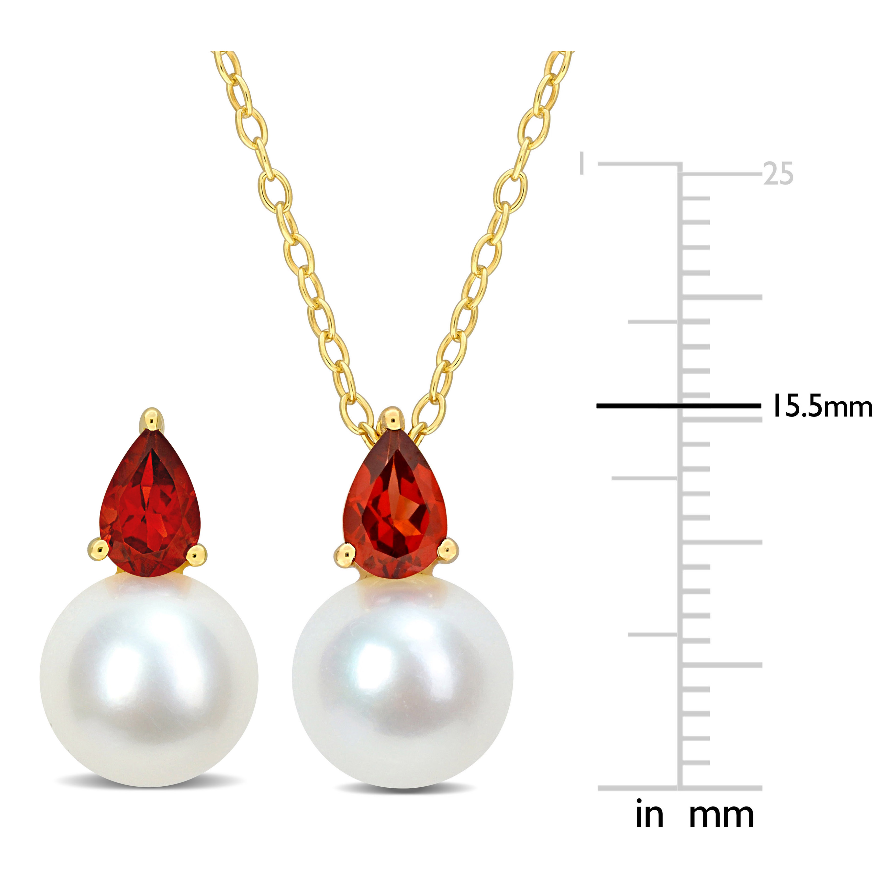 8.5-9mm Cultured Freshwater Pearl and 1 1/2ct TGW Garnet Pendant with Chain and Earrings Set in Yellow Plated Sterling Silver - 18 in