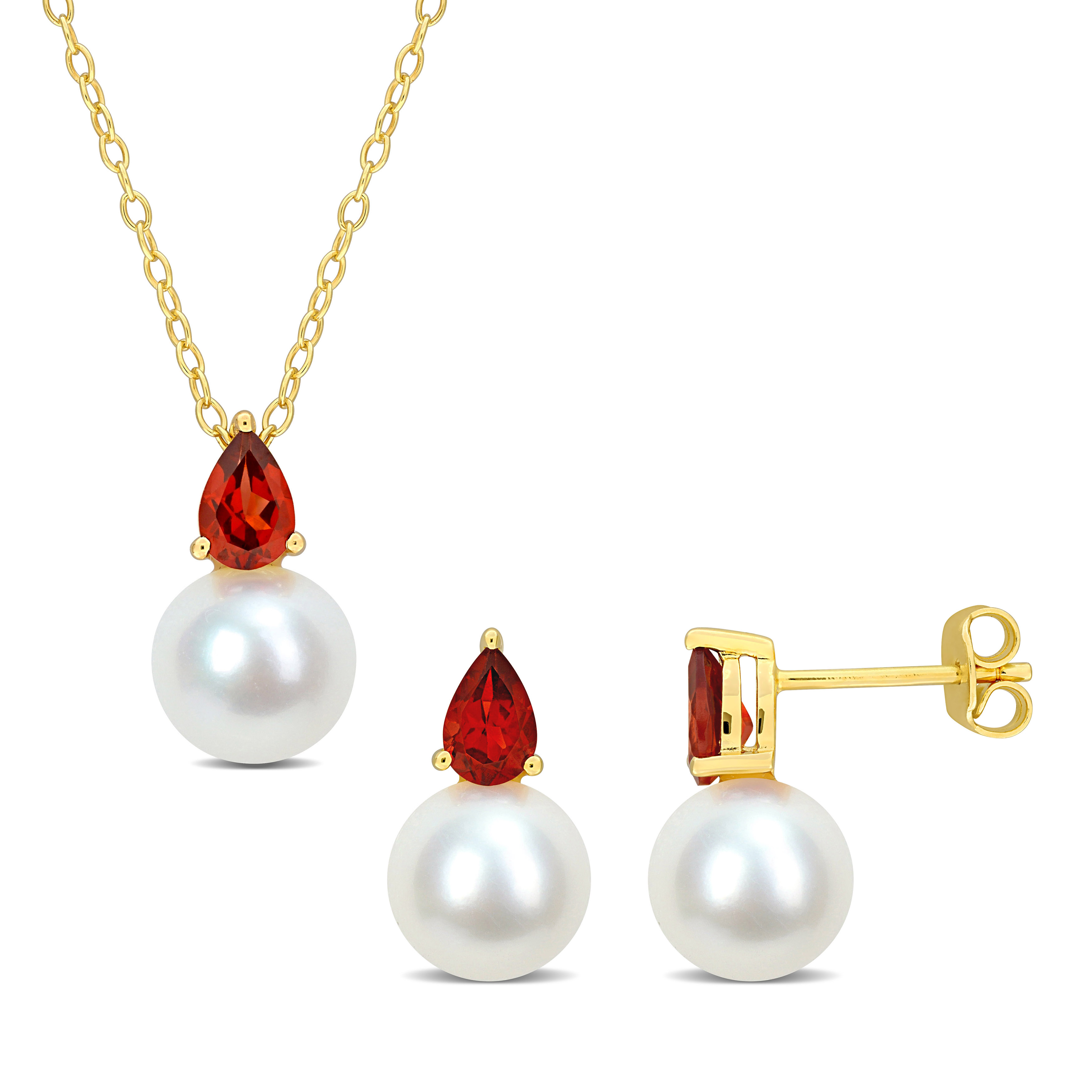 8.5-9mm Cultured Freshwater Pearl and 1 1/2ct TGW Garnet Pendant with Chain and Earrings Set in Yellow Plated Sterling Silver - 18 in