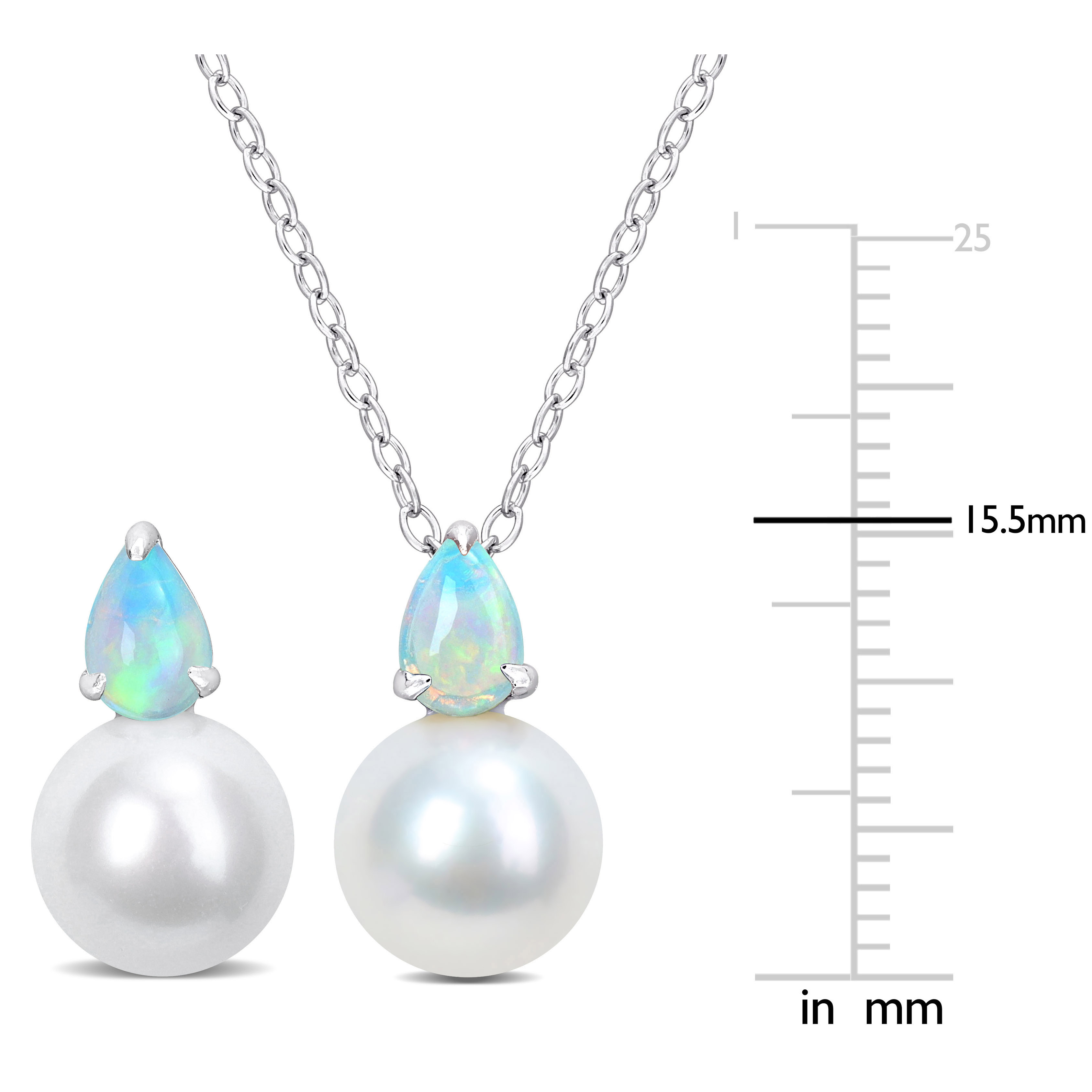 8.5-9mm Cultured Freshwater Pearl and 1 1/3ct TGW Ethiopian Opal Pendant with Chain and Earrings Set in Sterling Silver - 18 in