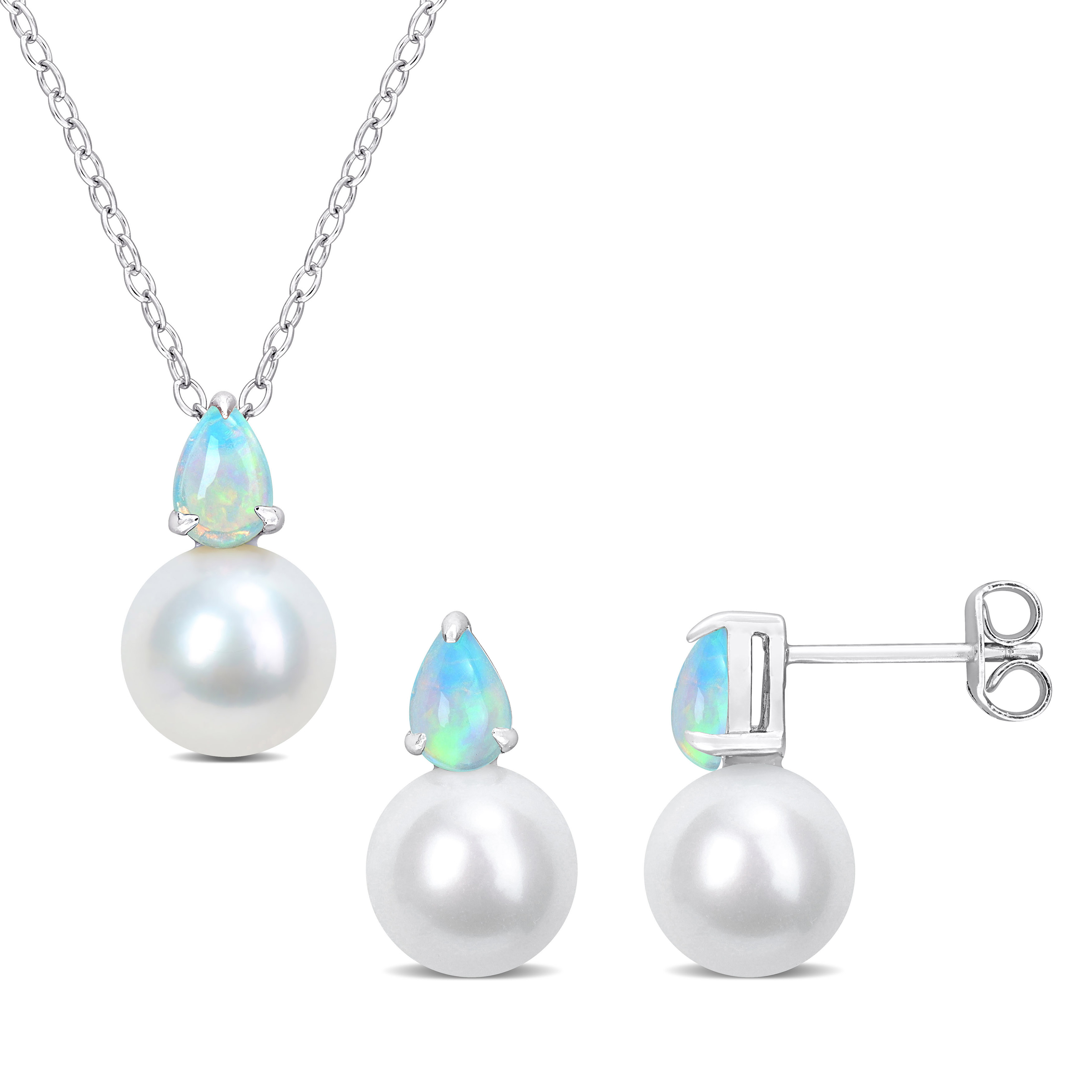 8.5-9mm Cultured Freshwater Pearl and 1 1/3ct TGW Ethiopian Opal Pendant with Chain and Earrings Set in Sterling Silver - 18 in