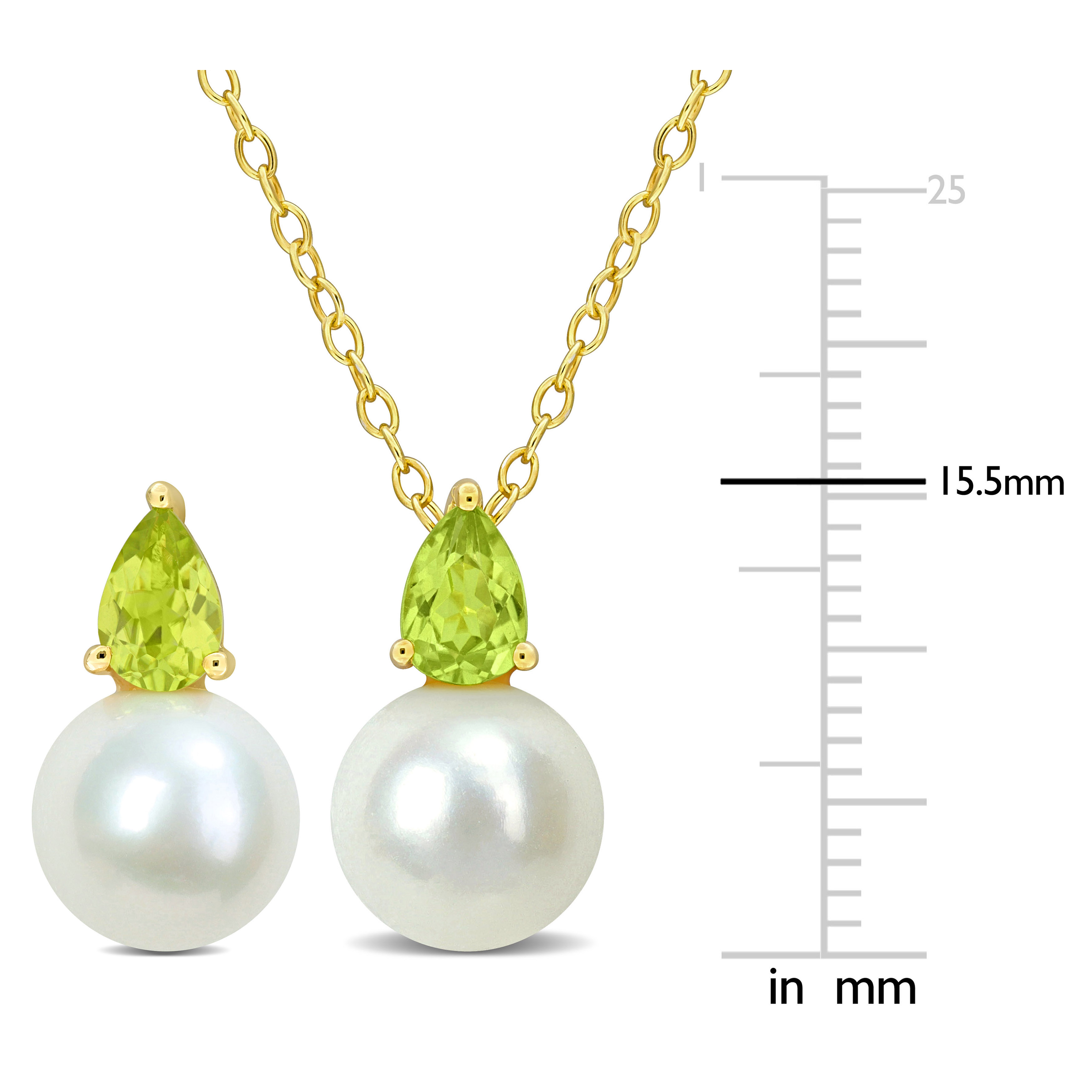 8.5-9mm Cultured Freshwater Pearl and 1 1/4ct TGW Peridot Pendant with Chain and Earrings Set in Yellow Plated Sterling Silver - 18 in