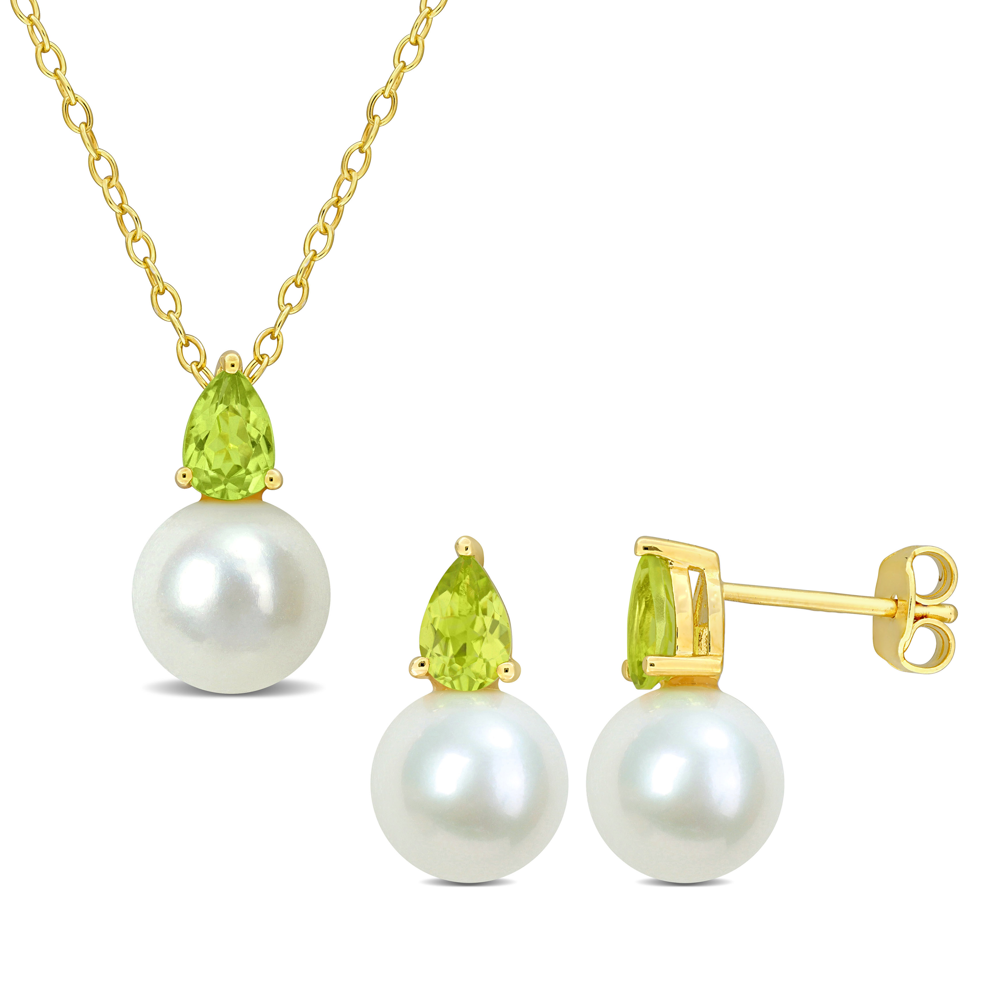 8.5-9mm Cultured Freshwater Pearl and 1 1/4ct TGW Peridot Pendant with Chain and Earrings Set in Yellow Plated Sterling Silver - 18 in