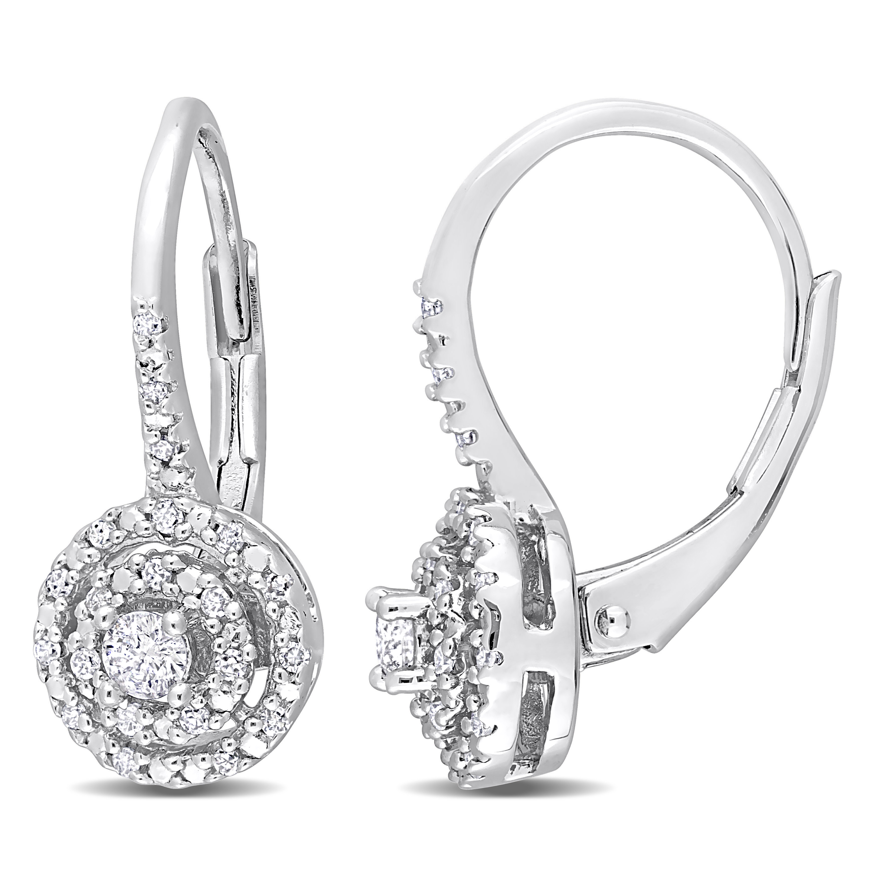 1/4 CT TW Diamond Double Halo Leverback Earrings in Sterling Silver