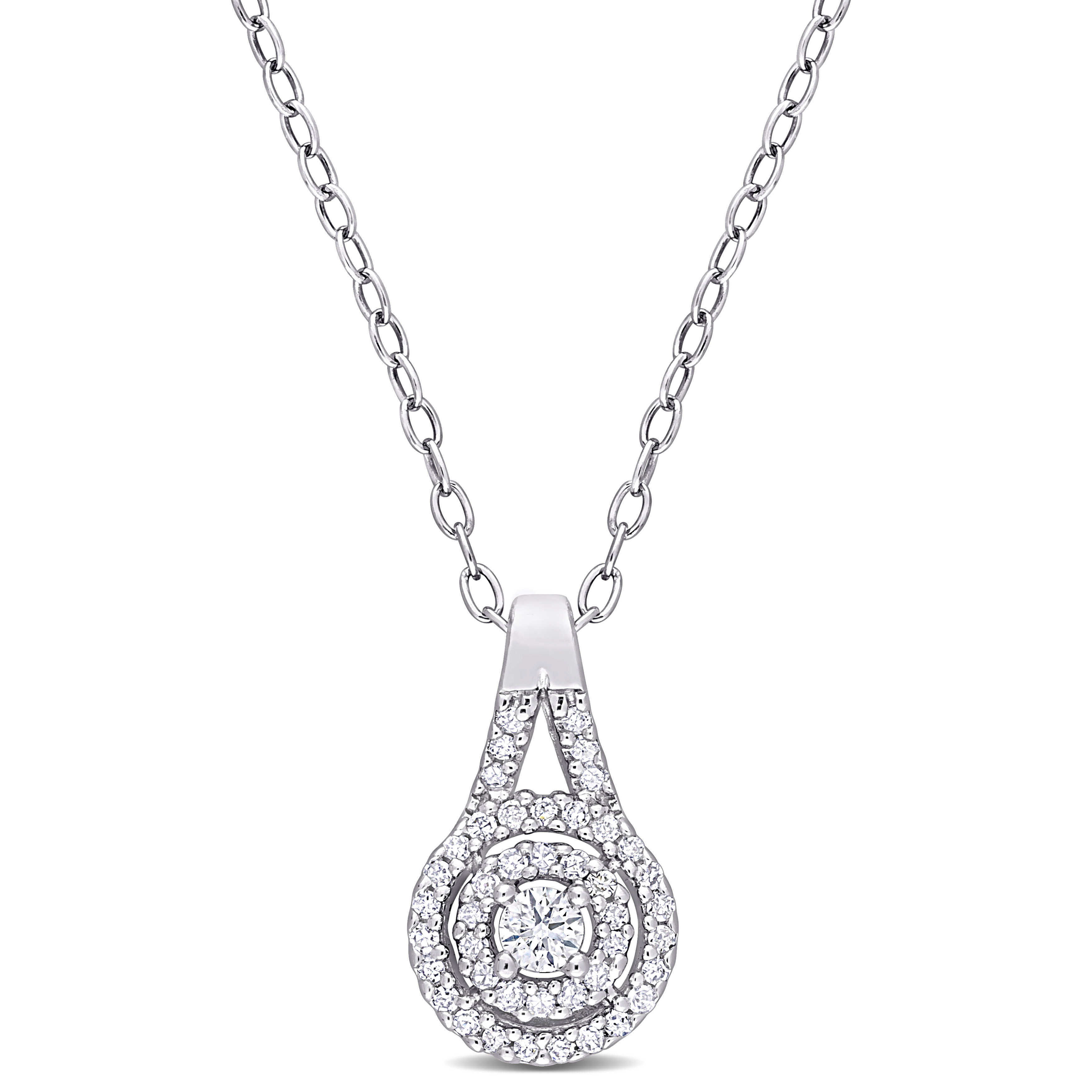1/5 CT TW Diamond Double Halo Pendant with Chain in Sterling Silver