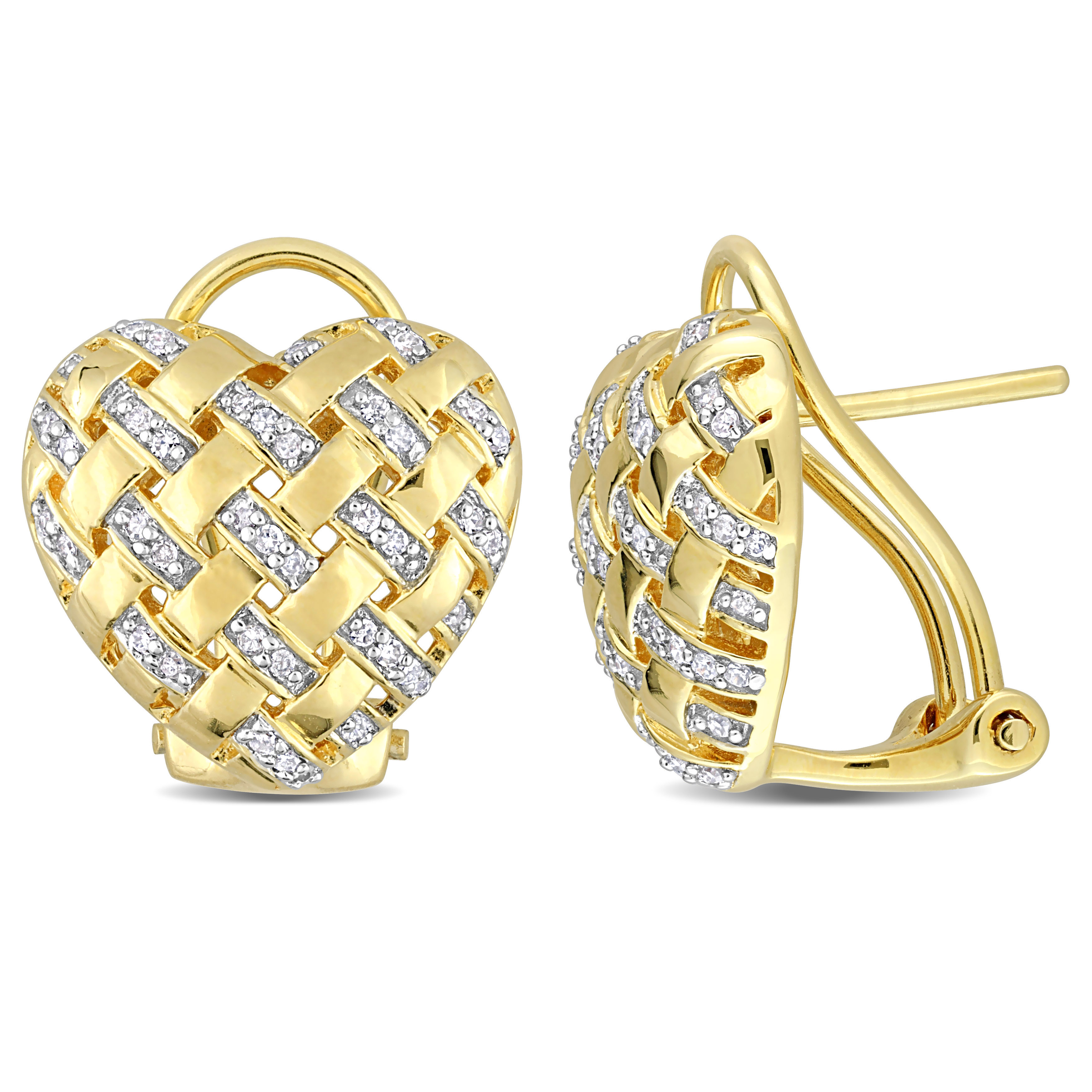 1/4ct TDW Diamond Lattice Heart Omega Back Earrings in Yellow Plated Sterling Silver
