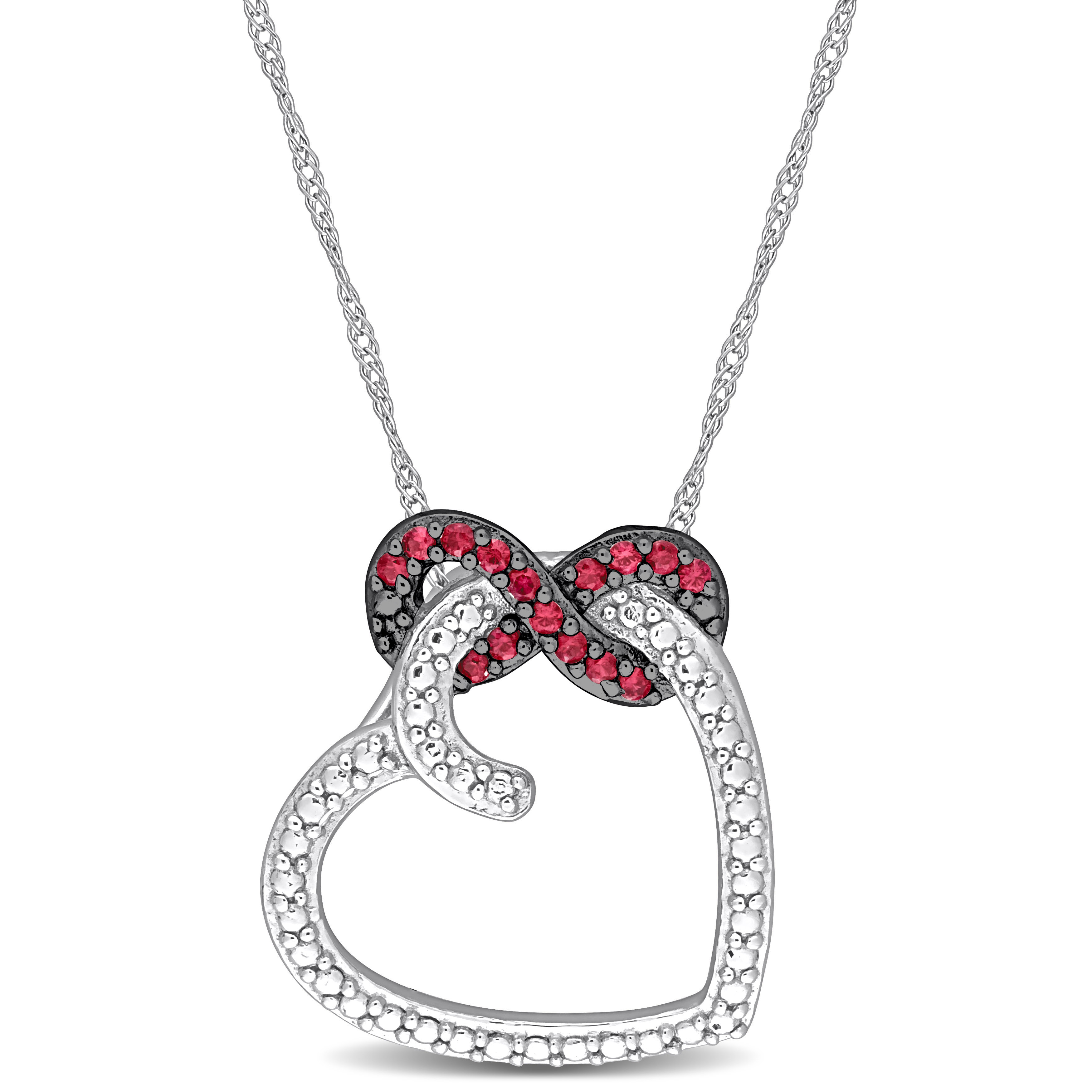 1/6 CT TGW Ruby Infinity Heart Pendant with Chain in 10k White Gold - 17 in.