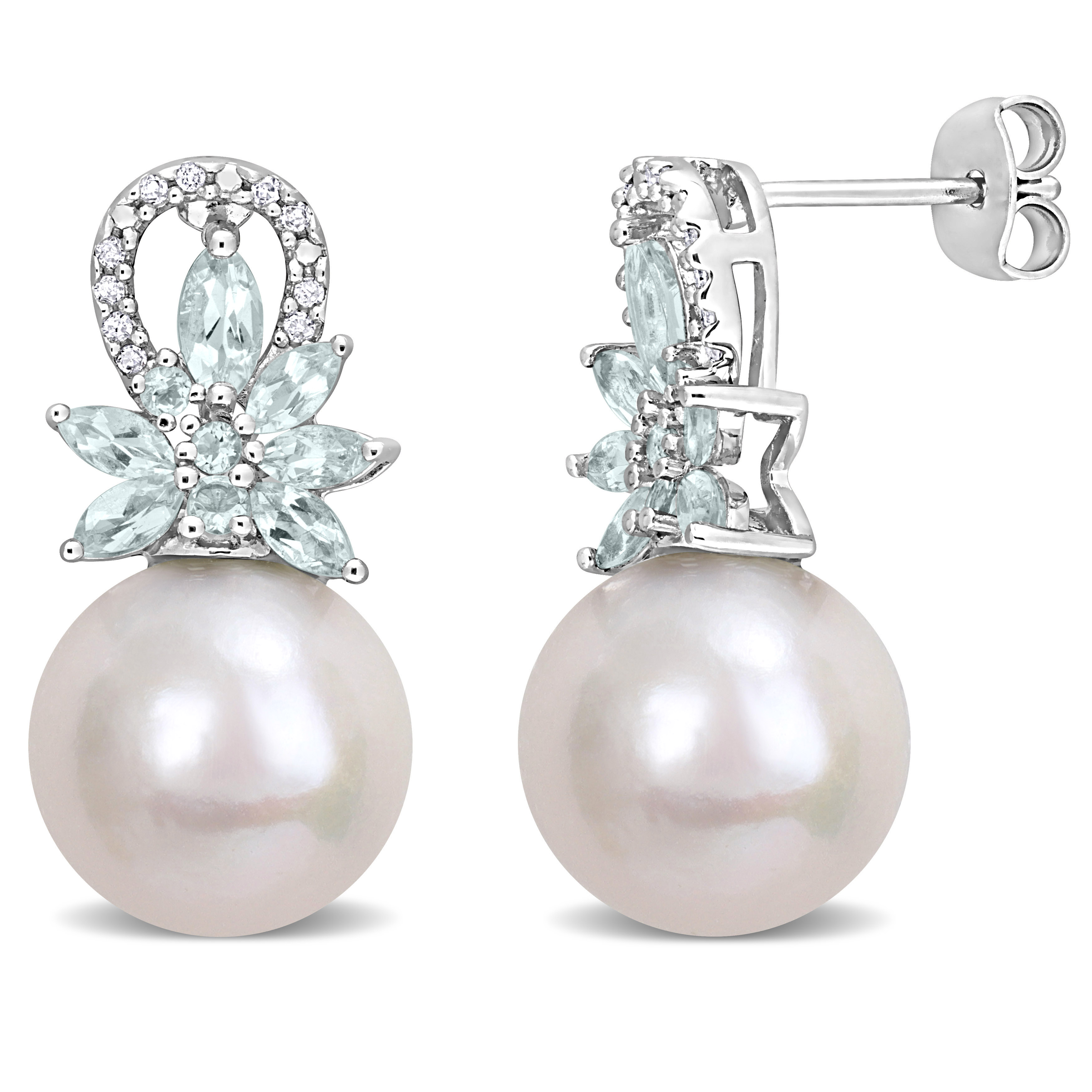 11-12 MM Cultured Freshwater Pearl and 1 1/5 CT TGW Aquamarine and 1/10 CT TW Diamond Flower Drop Earrings in Sterling Silver