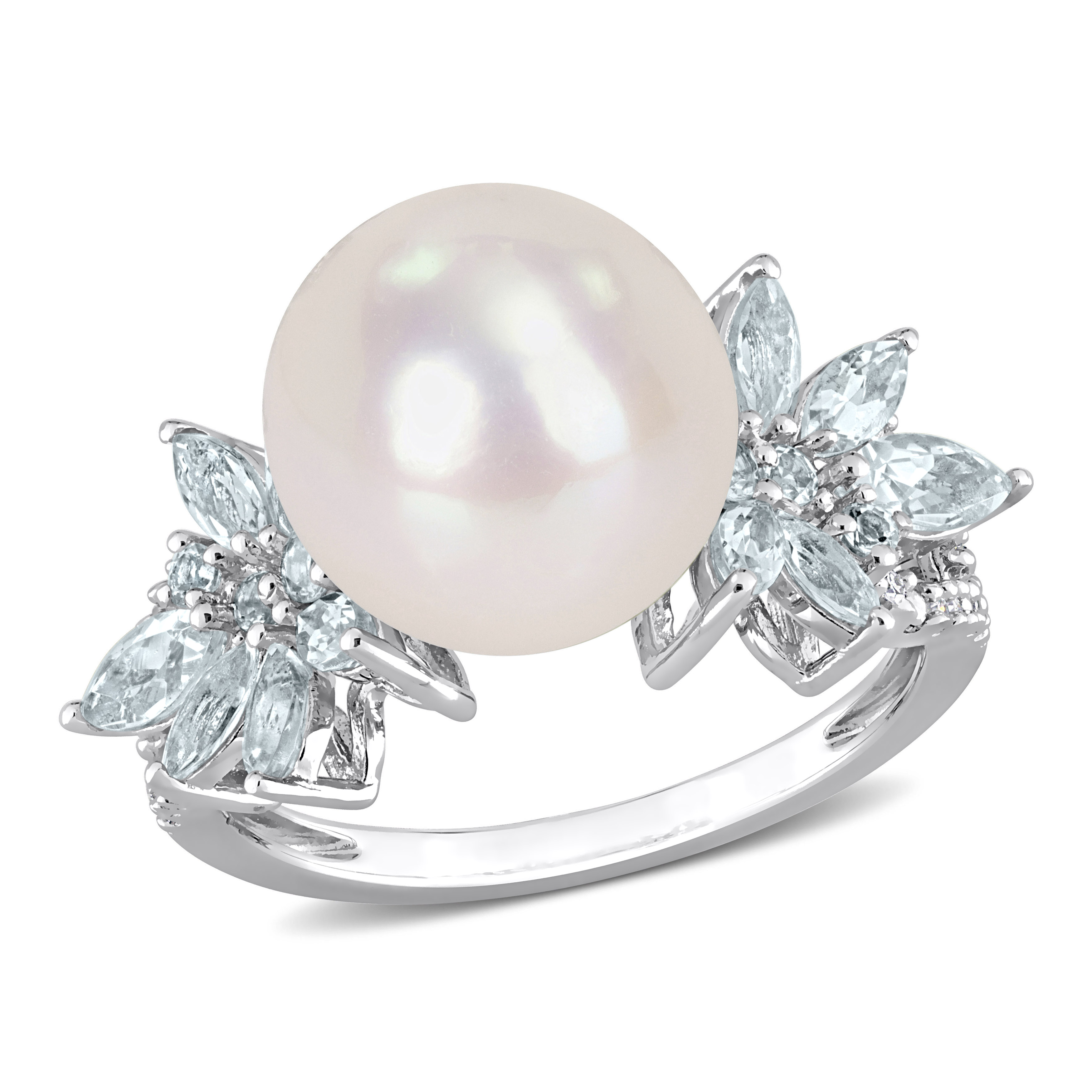 11-12MM Cultured Freshwater Pearl and 1 1/5 CT TGW Aquamarine and 1/10 CT TDW Diamond Flower Ring in Sterling Silver