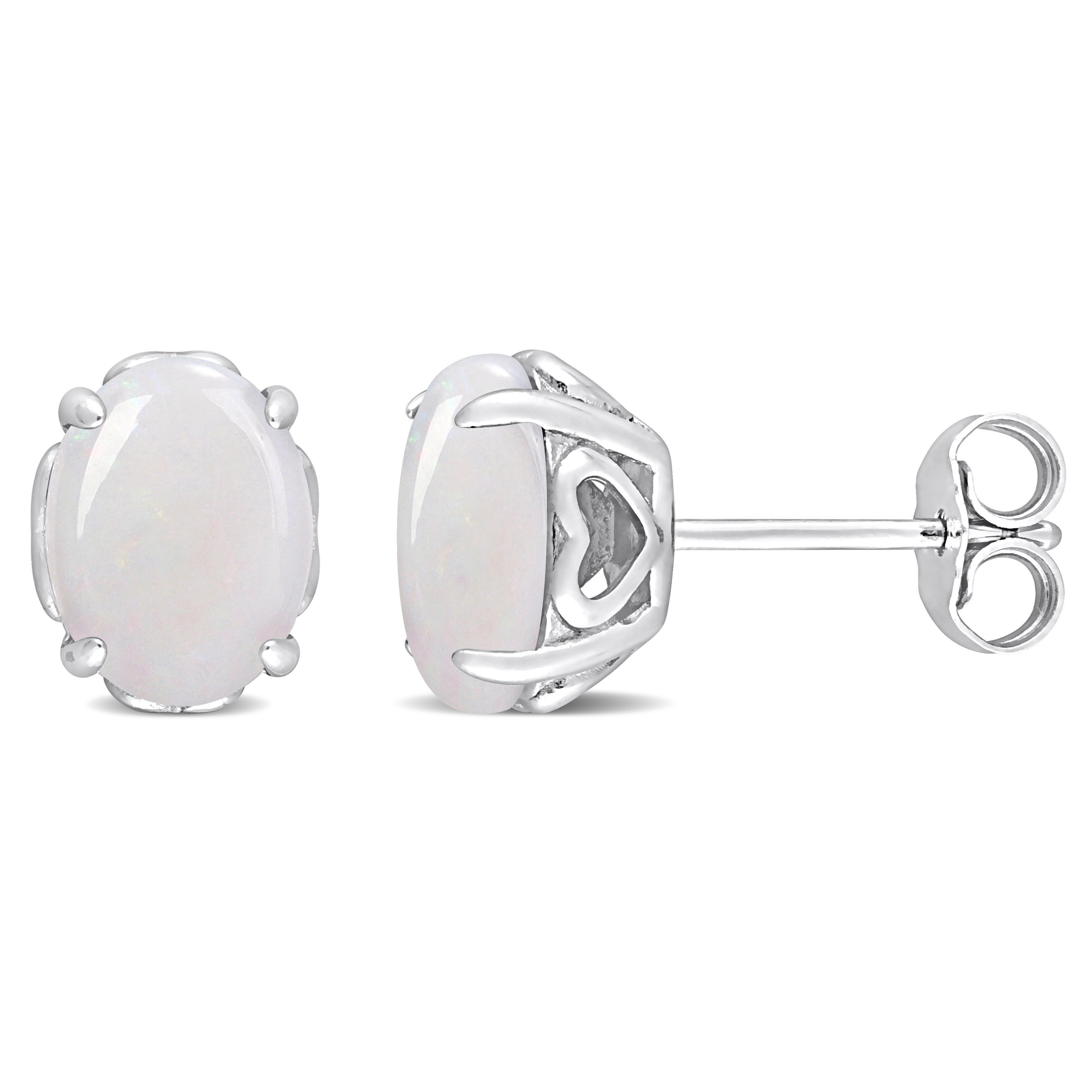 2 CT TGW Oval Opal Stud Earrings with Heart Design in Sterling Silver