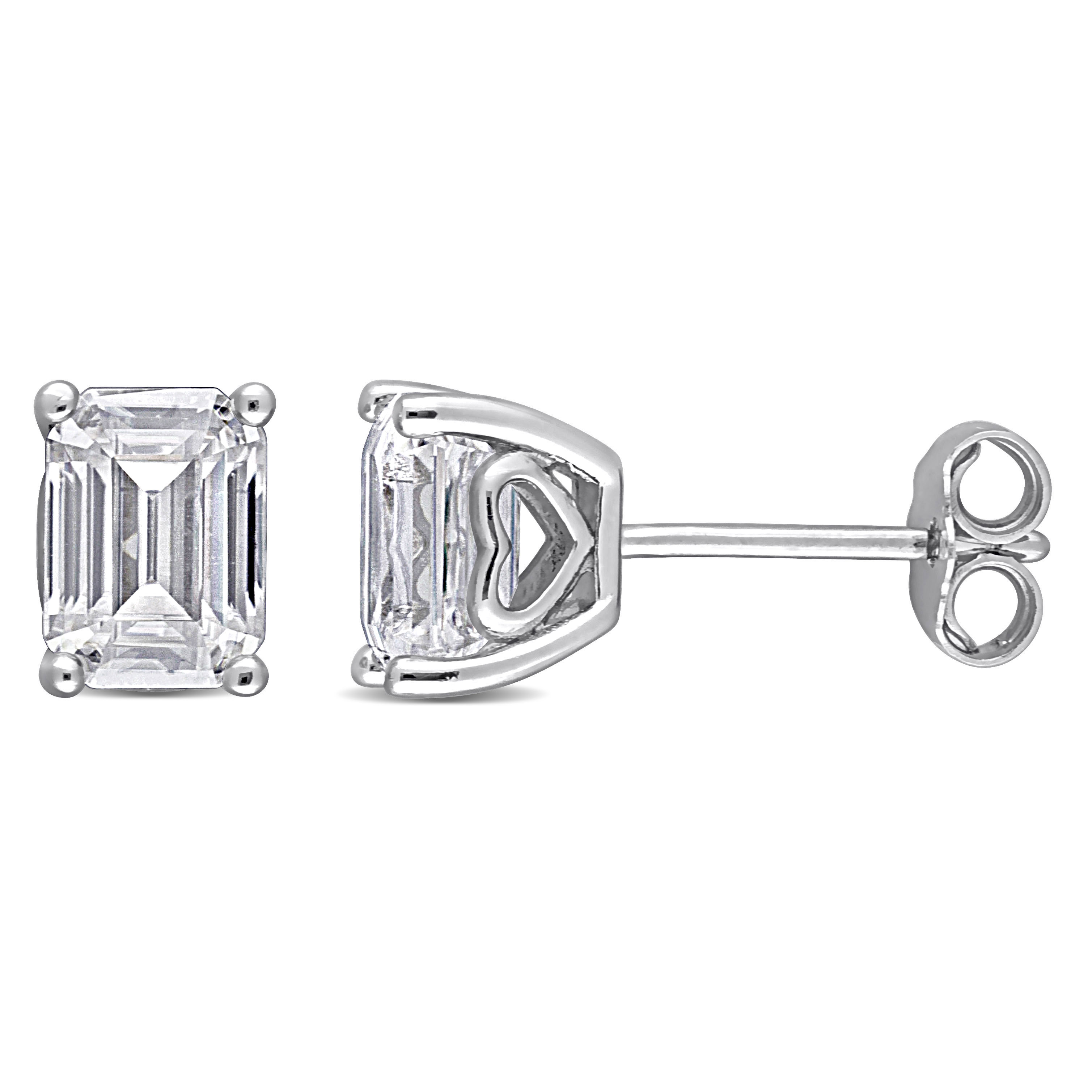 2ct TGW Emerald Cut Created Moissanite Stud Earrings with Heart Detail in Sterling Silver