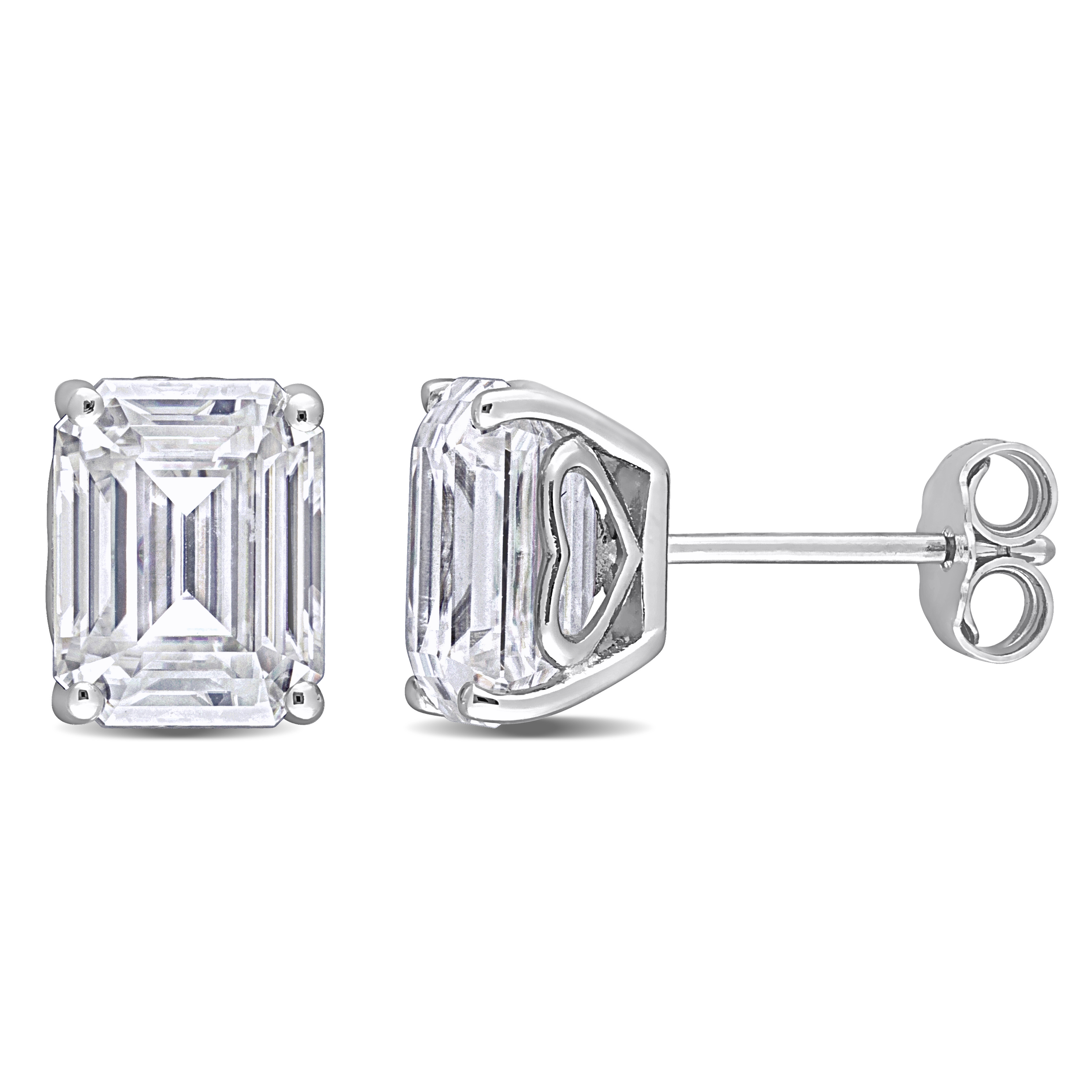 4 4/5ct TGW Emerald Cut Created Moissanite Stud Earrings with Heart Detail in Sterling Silver