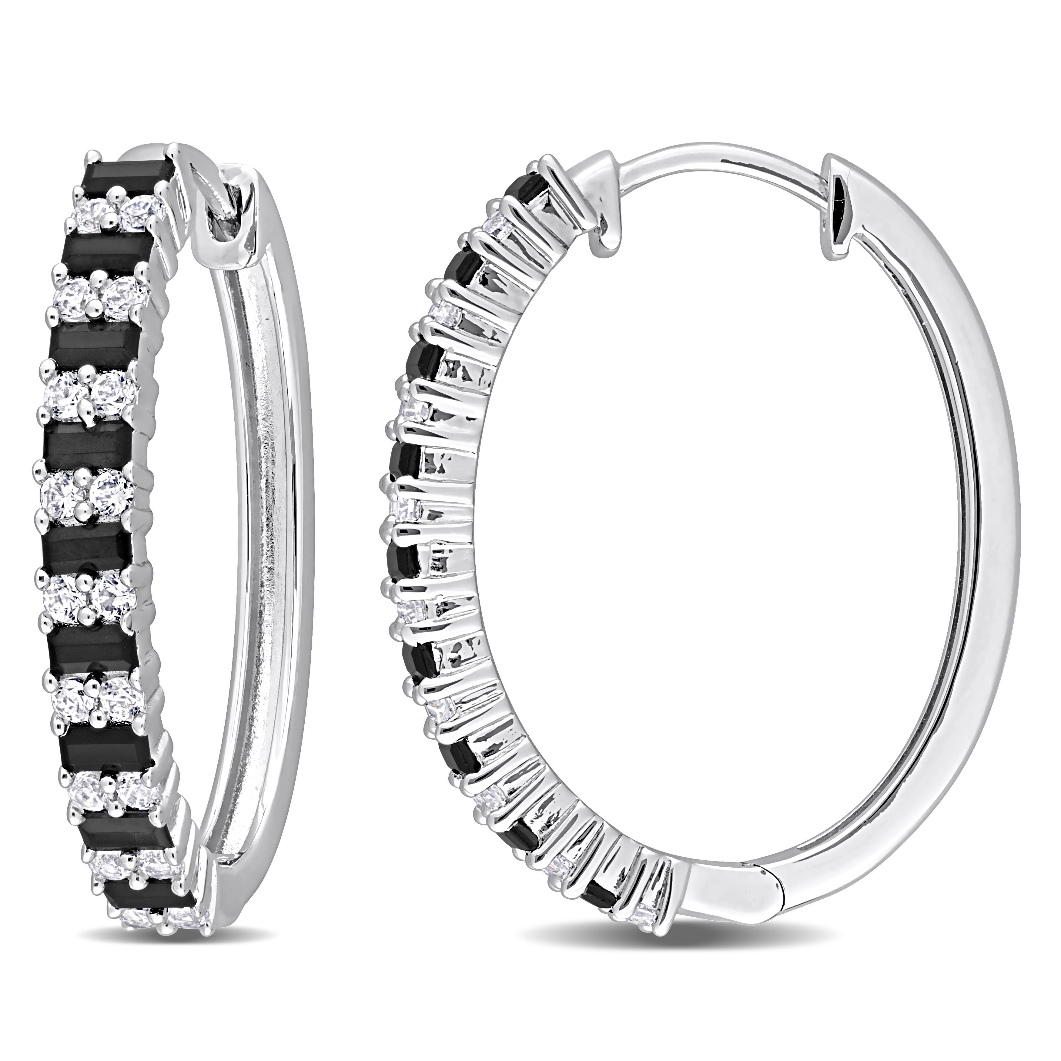2 1/2 CT TGW Black Spinel and Created White Sapphire Hoop Earrings in Sterling Silver