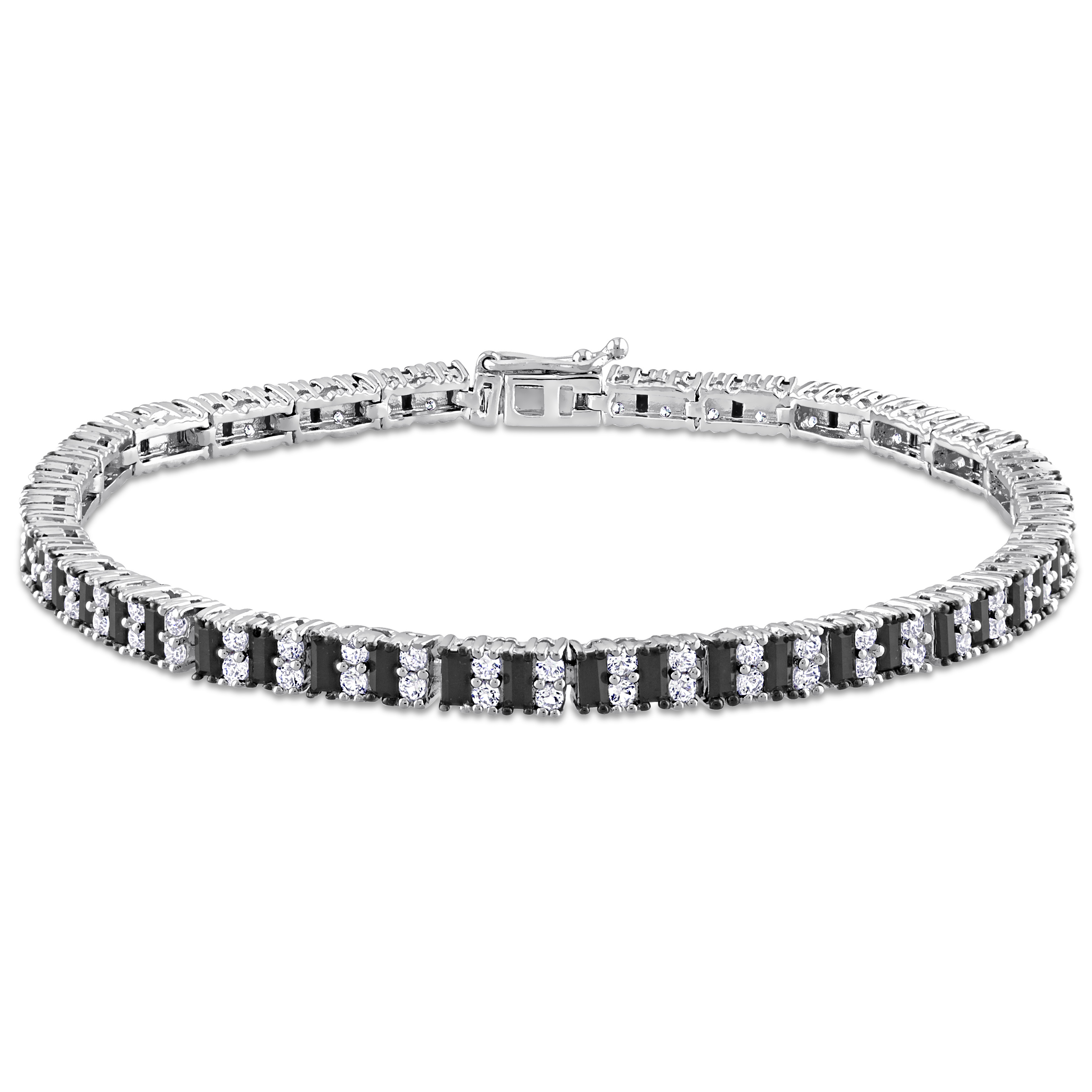 7 3/5 CT TGW Baguette-Cut Black Spinel and Created White Sapphire Tennis Bracelet in Sterling Silver - 7.25 in.