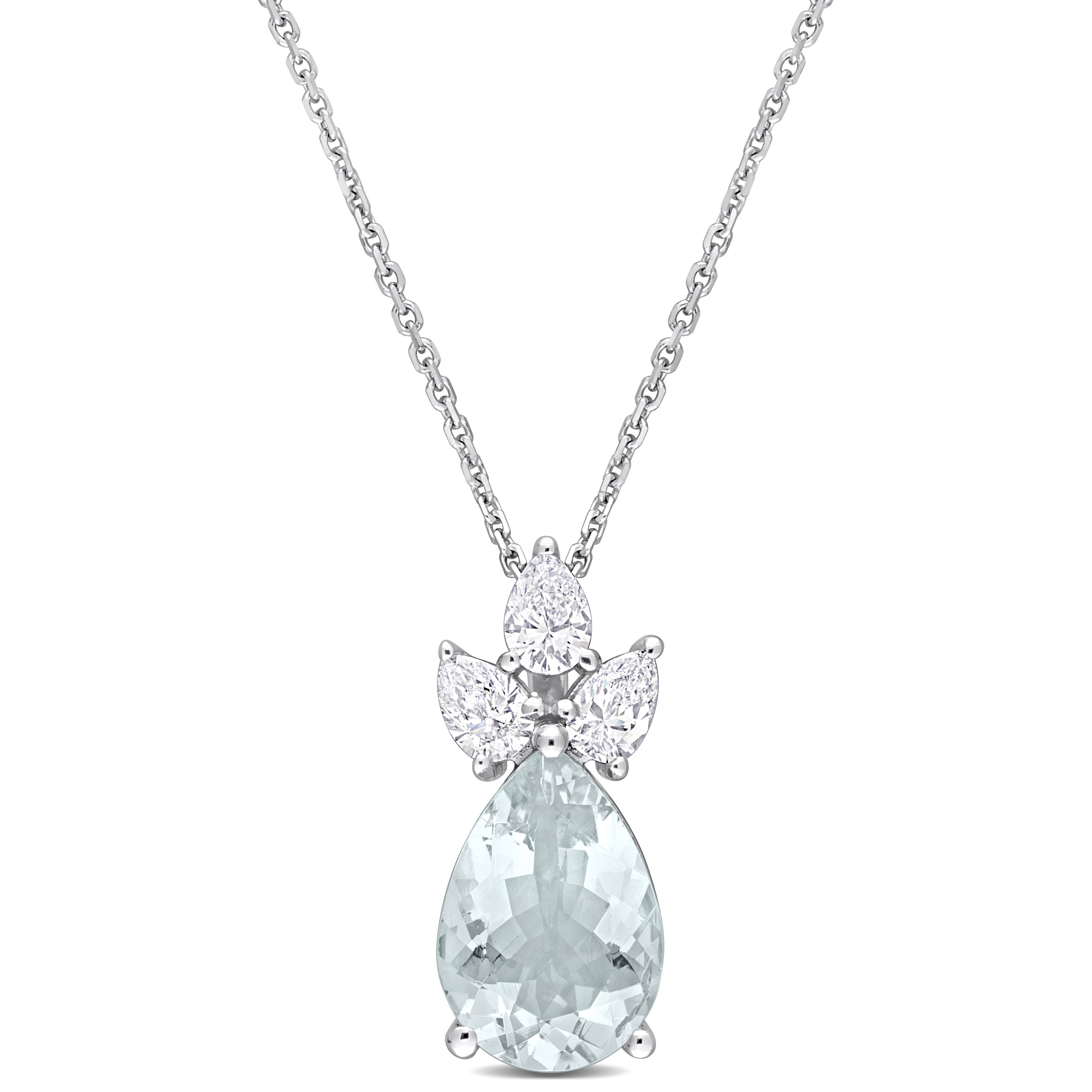 2 1/3 CT TGW Pear Aquamarine and 1/2 CT TDW Pear Diamond Teardrop Pendant with Chain in 14k White Gold