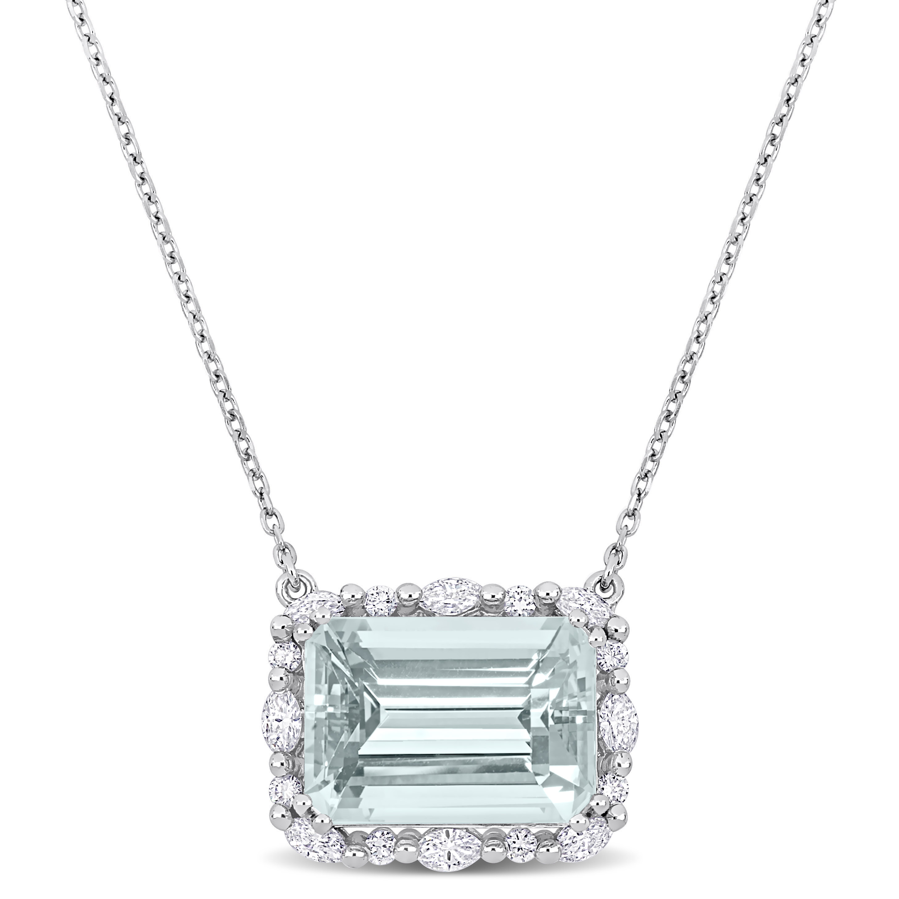 5 CT TGW Aquamarine and 5/8 CT TW Marquise and Round Diamond Halo Necklace in 14k White Gold - 16.5 in + 1.5 in Ext.