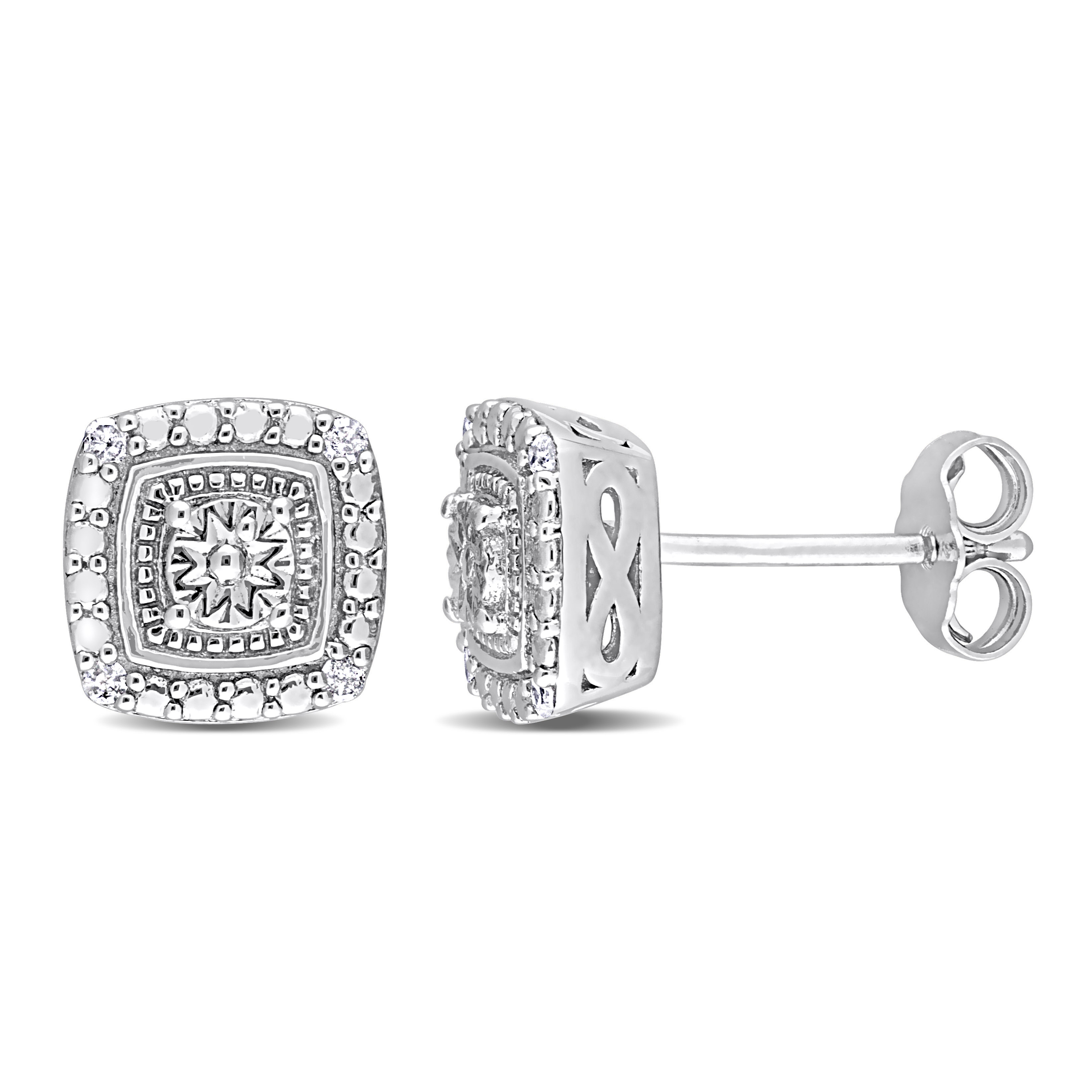 Diamond Accent Square Double Halo Stud Earrings in Sterling Silver