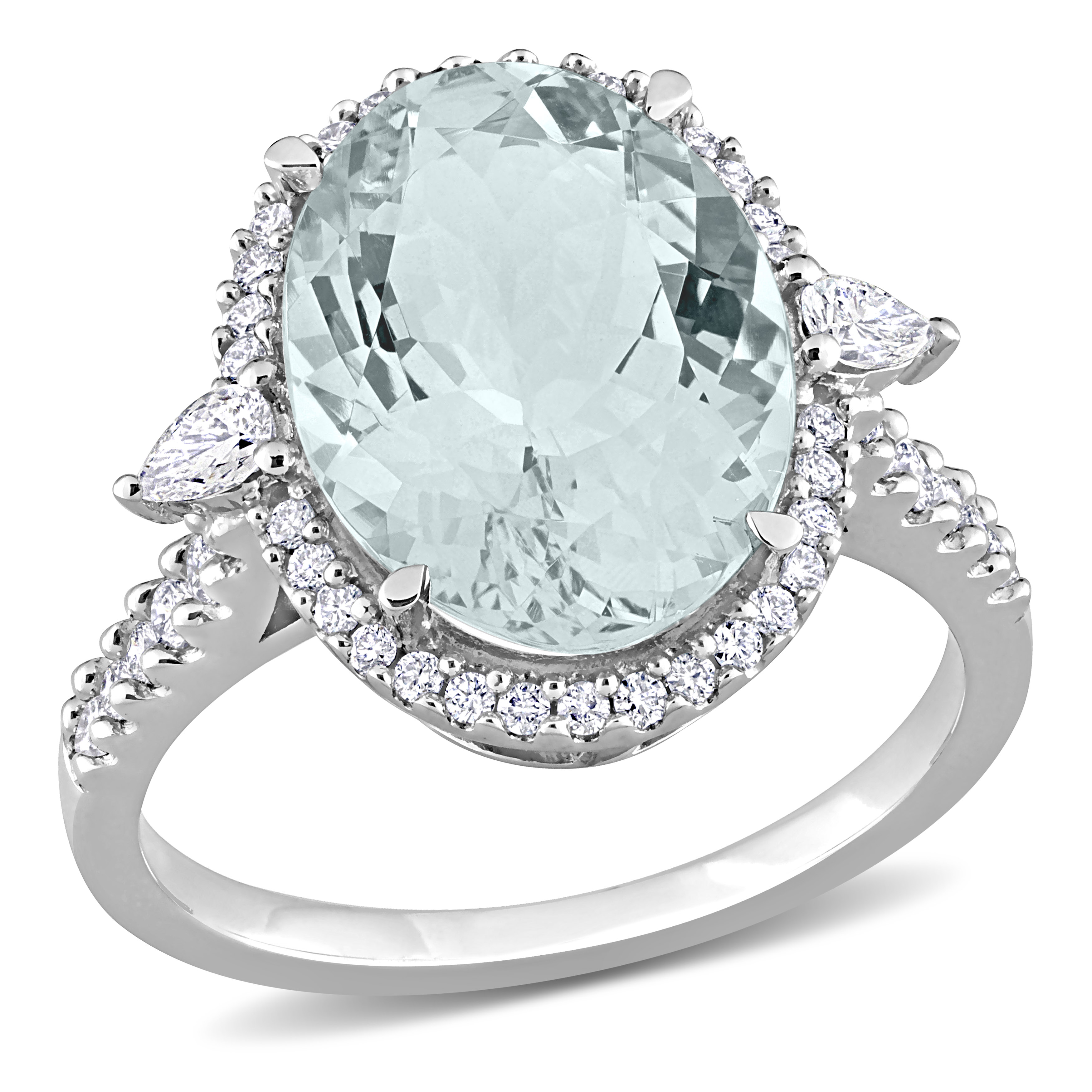 5 5/8 CT TGW Oval Aquamarine and 1/2 CT TW Pear and Round Diamond Halo Cocktail Ring in 14k White Gold