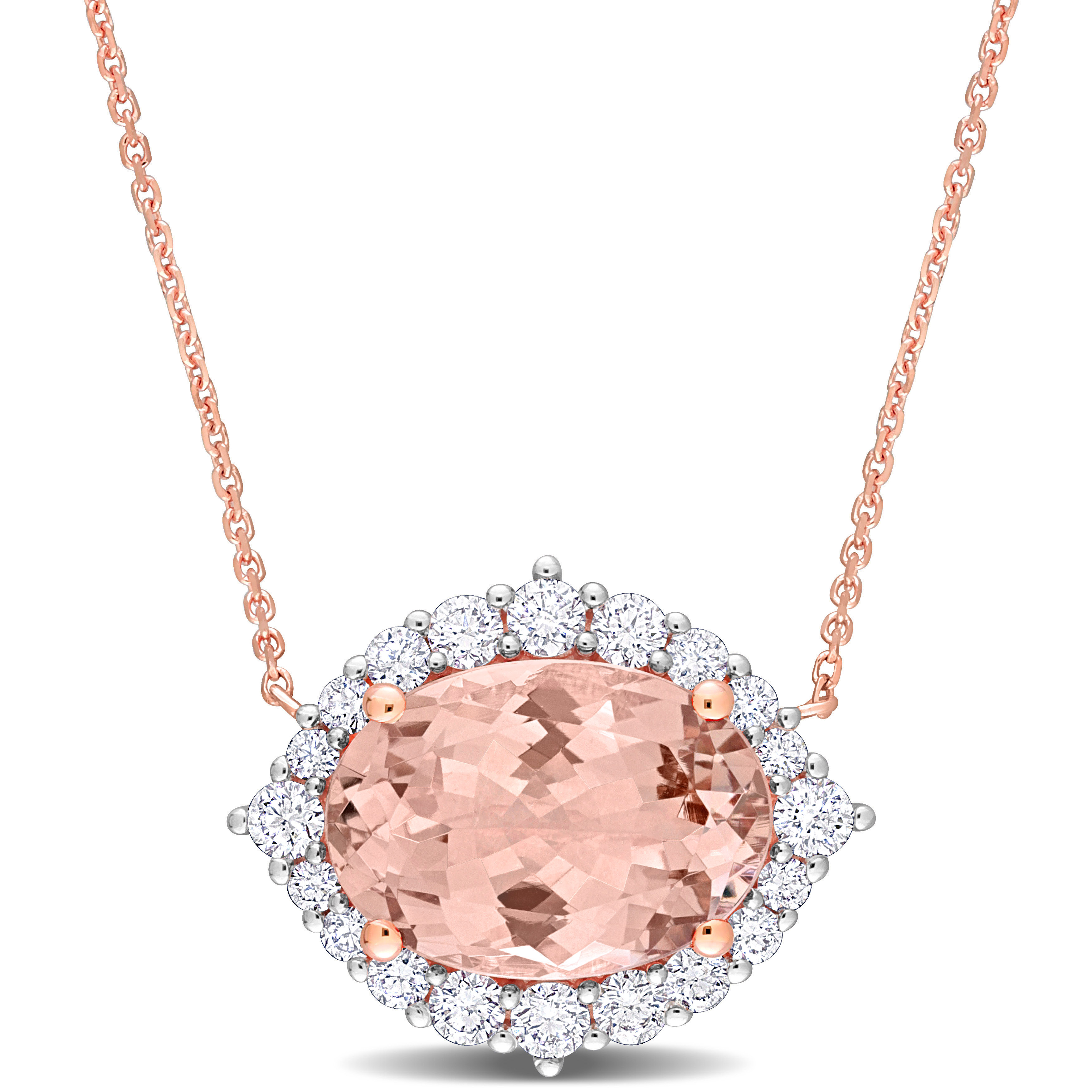 4 4/5 CT TGW Oval-Cut Morganite and 4/5 CT TDW Diamond Halo Necklace in 14k Rose Gold - 17 in.