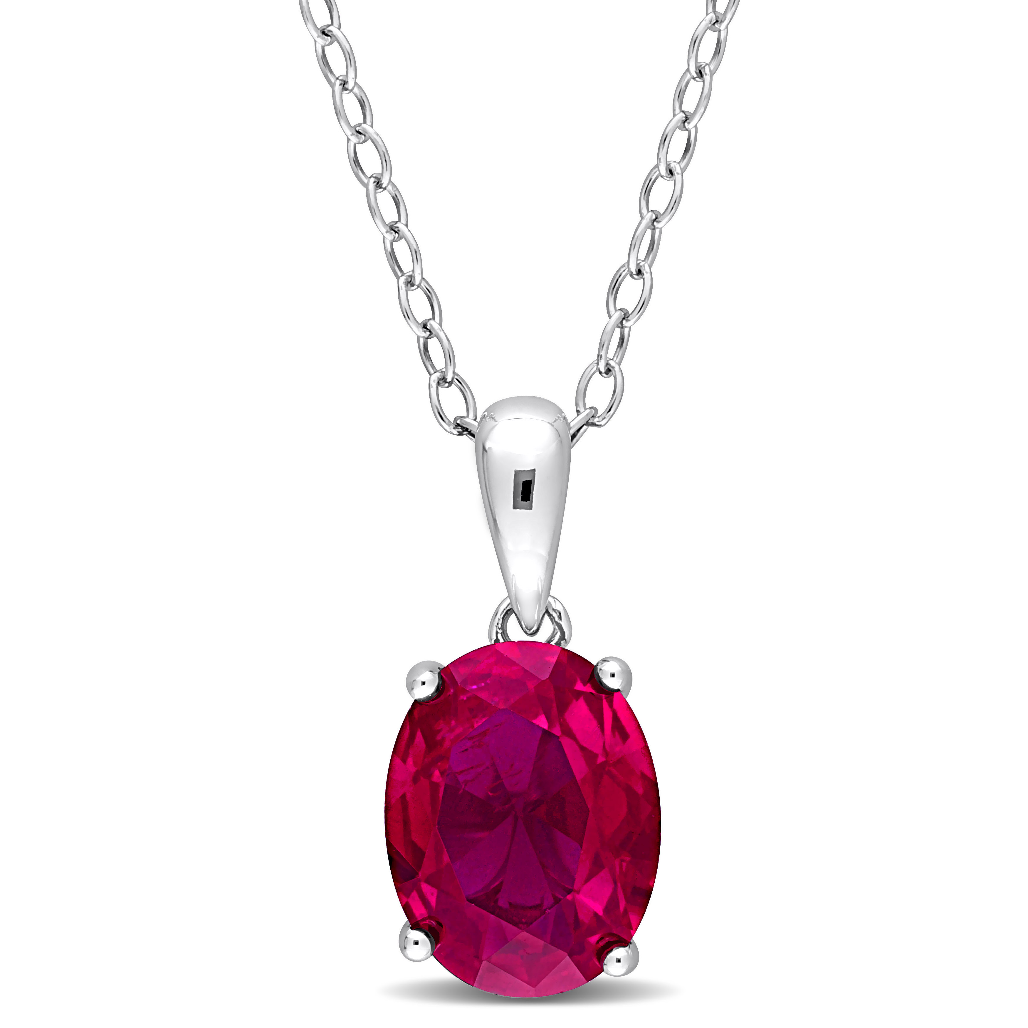 3 CT TGW Oval Created Ruby Solitaire Heart Design Pendant with Chain in Sterling Silver - 18 in.