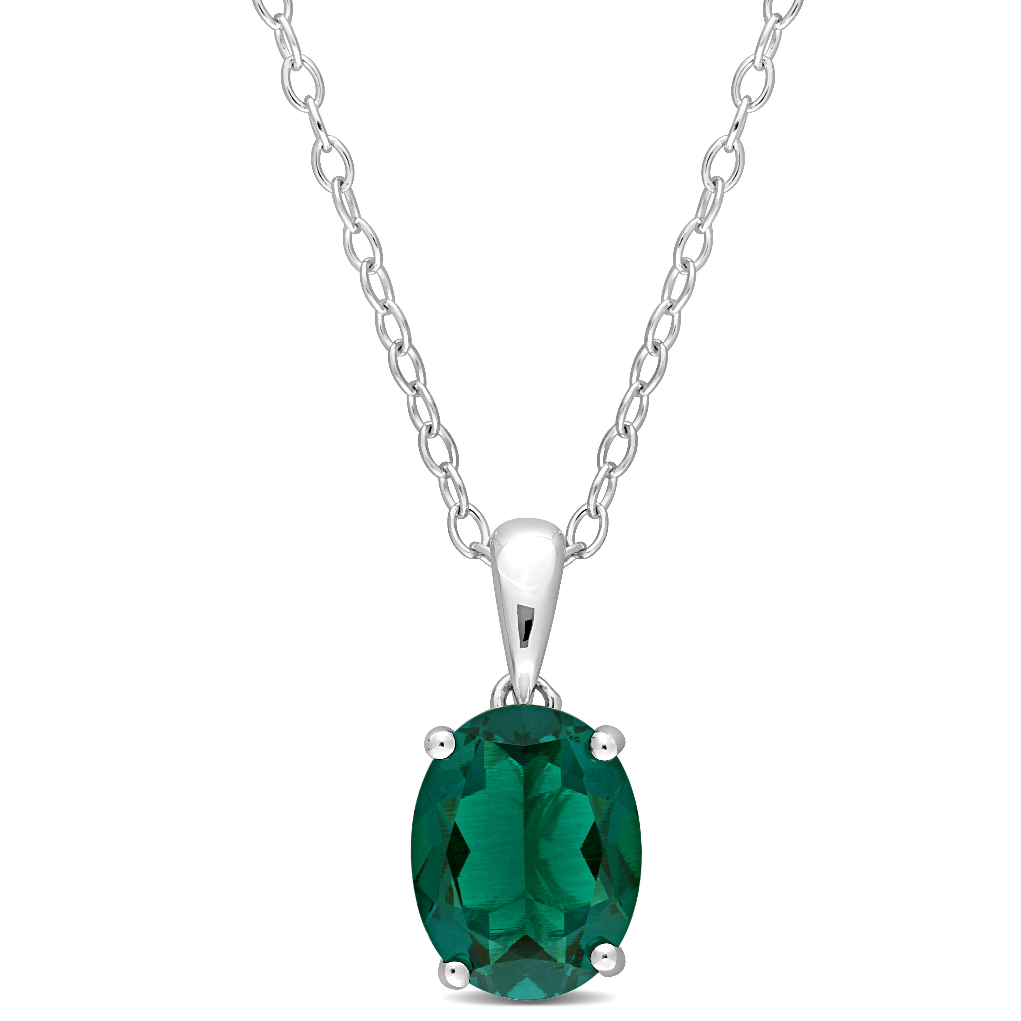 1 5/8 CT TGW Oval Created Emerald Solitaire Heart Design Pendant with Chain in Sterling Silver - 18 in.
