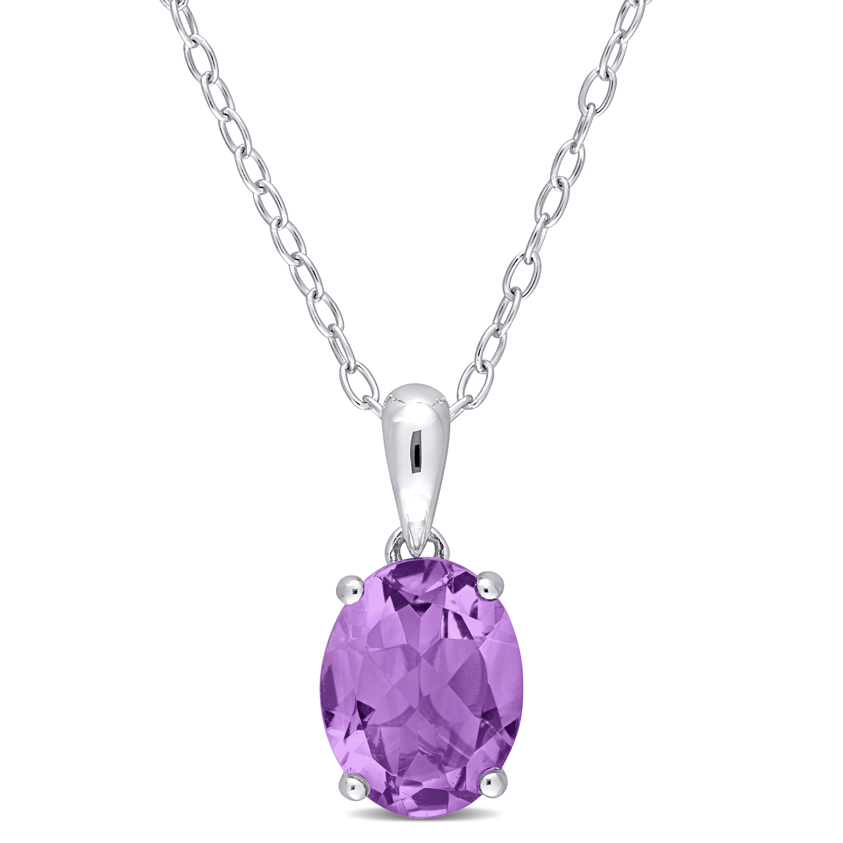 2 CT TGW Oval Amethyst Solitaire Heart Design Pendant with Chain in Sterling Silver - 18 in.